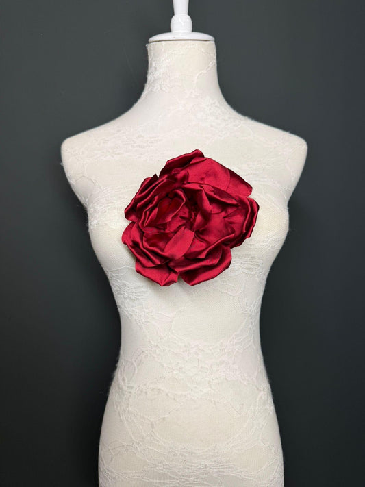 Burgundy Handmade Satin Corsage Flower, Pin-On Brooch (6" Wide)