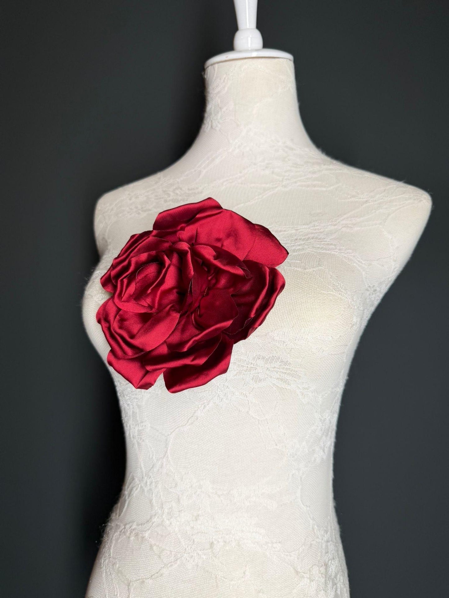 Burgundy Handmade Satin Corsage Flower, Pin-On Brooch (6" Wide)