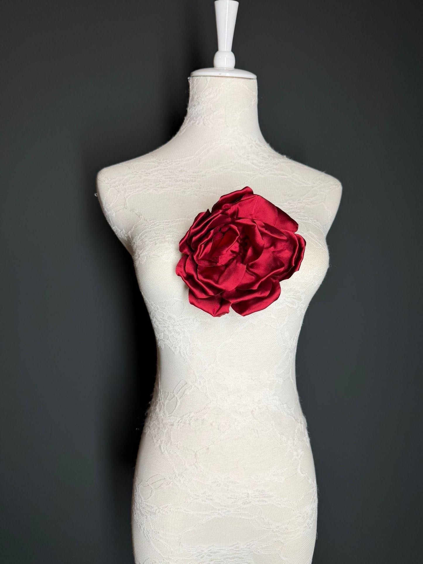 Burgundy Handmade Satin Corsage Flower, Pin-On Brooch (6" Wide)