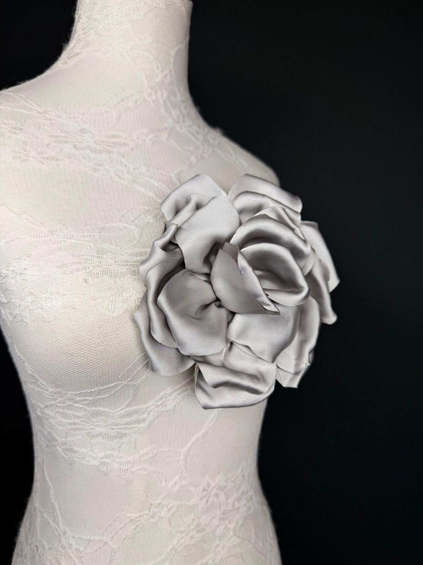 Grey Handmade Satin Corsage Flower, Pin-On Brooch (6" Wide)