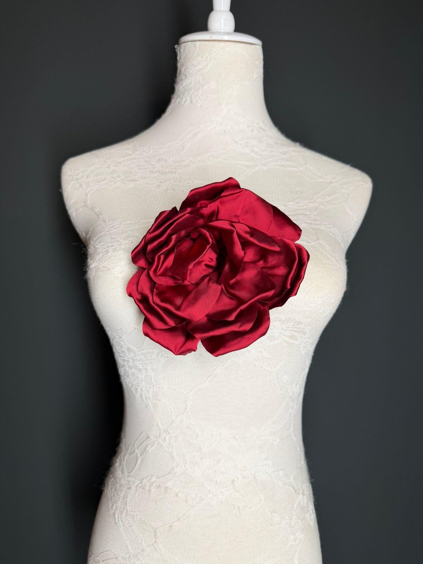 Burgundy Handmade Satin Corsage Flower, Pin-On Brooch (6" Wide)