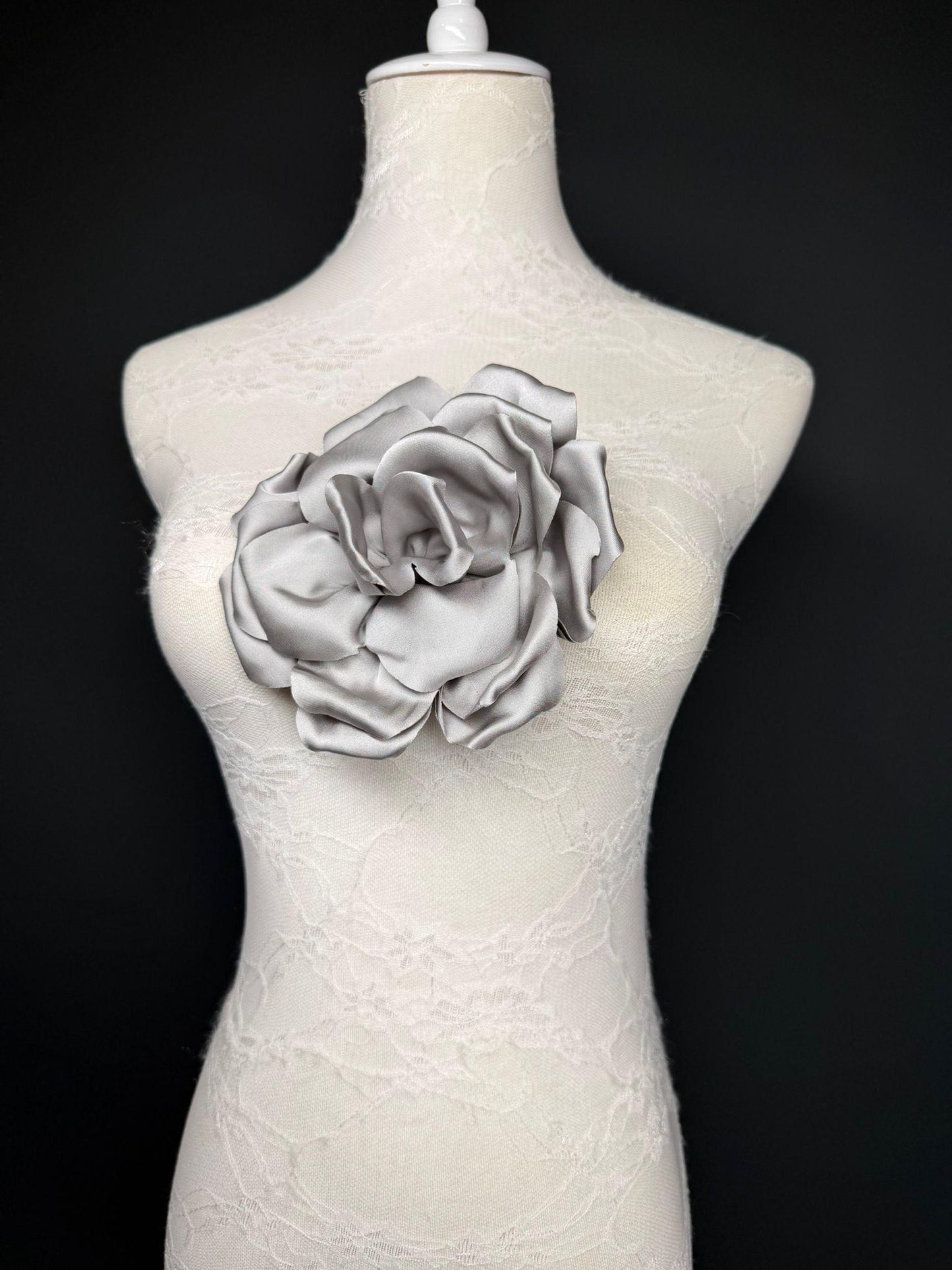 Grey Handmade Satin Corsage Flower, Pin-On Brooch (6" Wide)