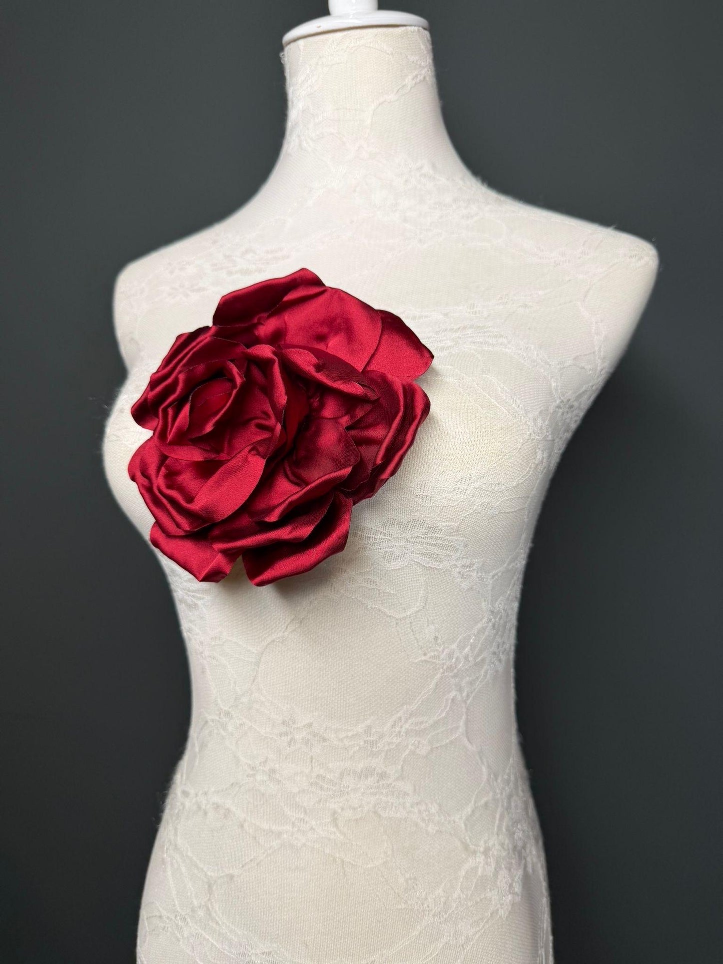 Burgundy Handmade Satin Corsage Flower, Pin-On Brooch (6" Wide)