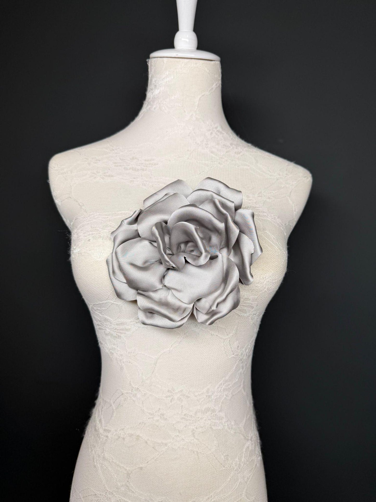 Grey Handmade Satin Corsage Flower, Pin-On Brooch (6" Wide)