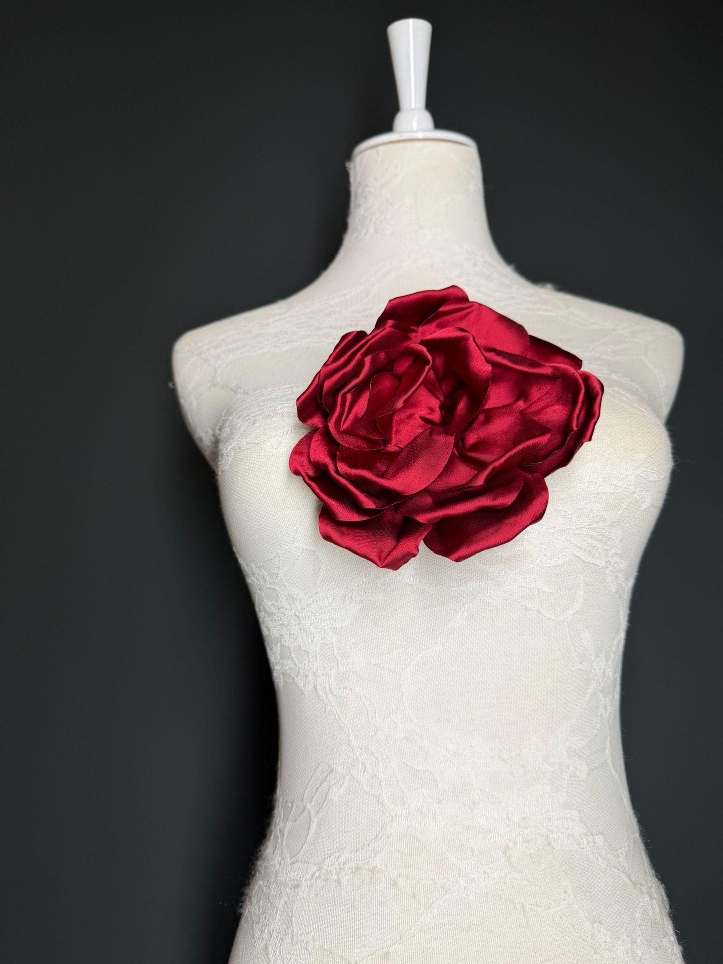 Burgundy Handmade Satin Corsage Flower, Pin-On Brooch (6" Wide)