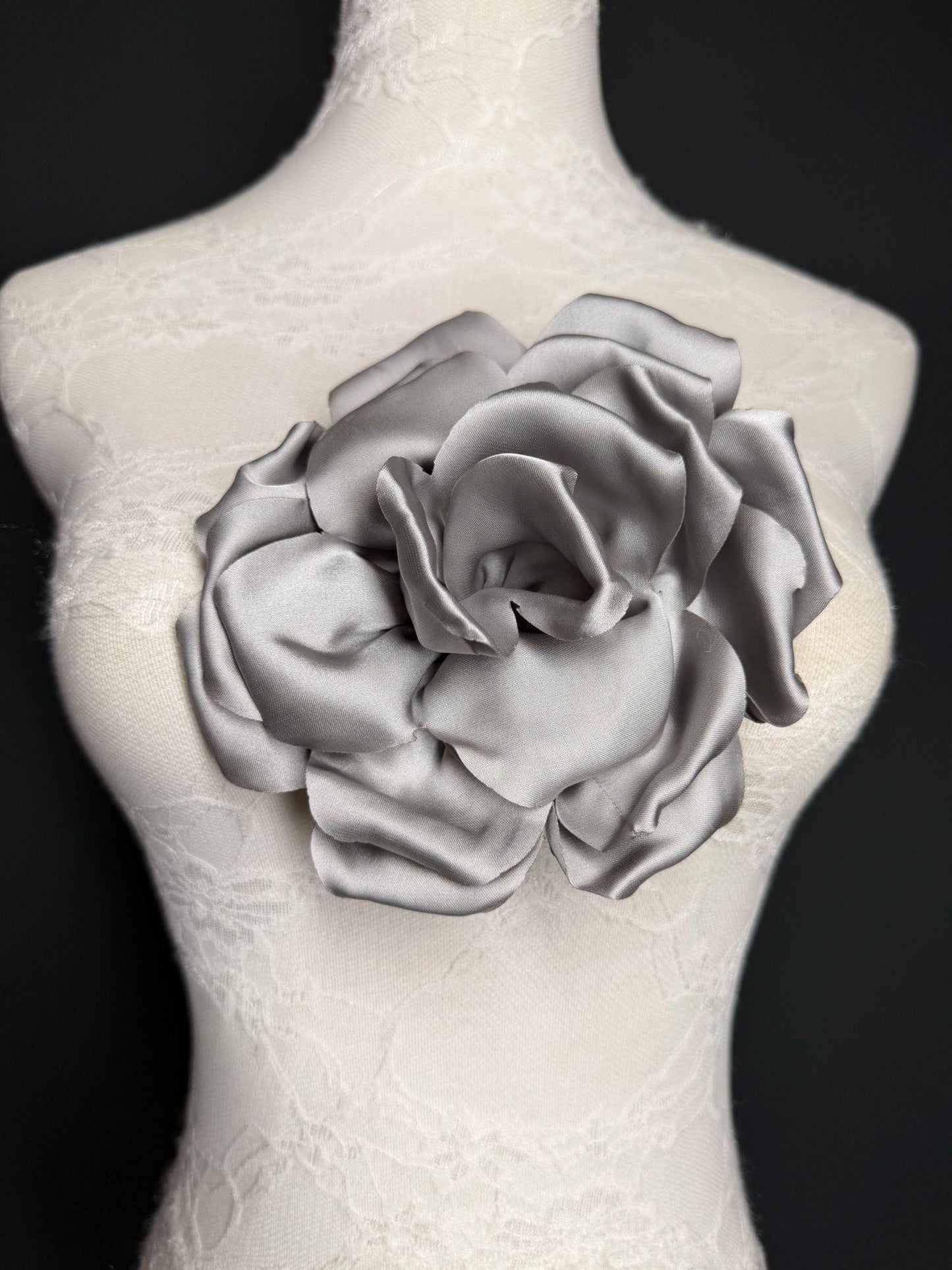 Grey Handmade Satin Corsage Flower, Pin-On Brooch (6" Wide)