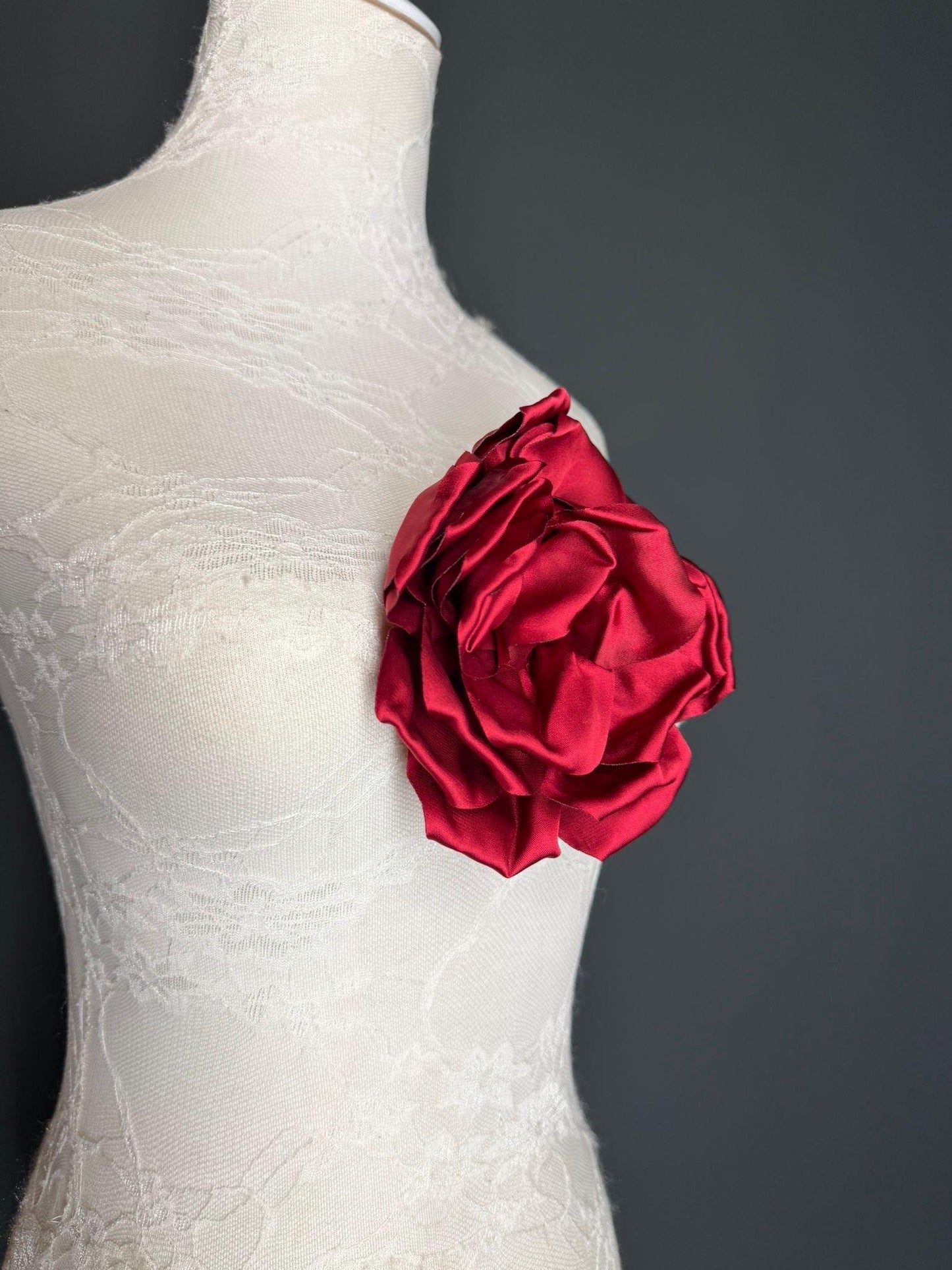 Burgundy Handmade Satin Corsage Flower, Pin-On Brooch (6" Wide)