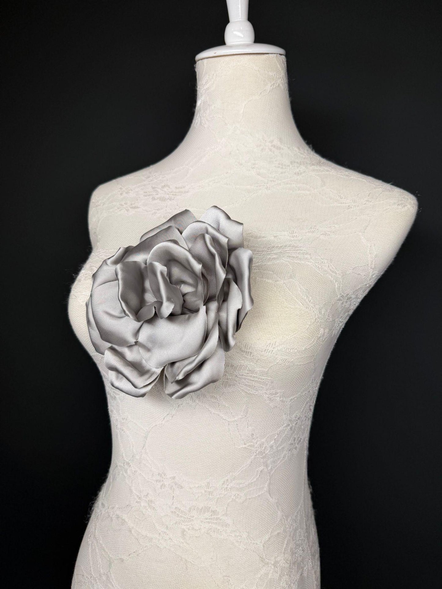 Grey Handmade Satin Corsage Flower, Pin-On Brooch (6" Wide)