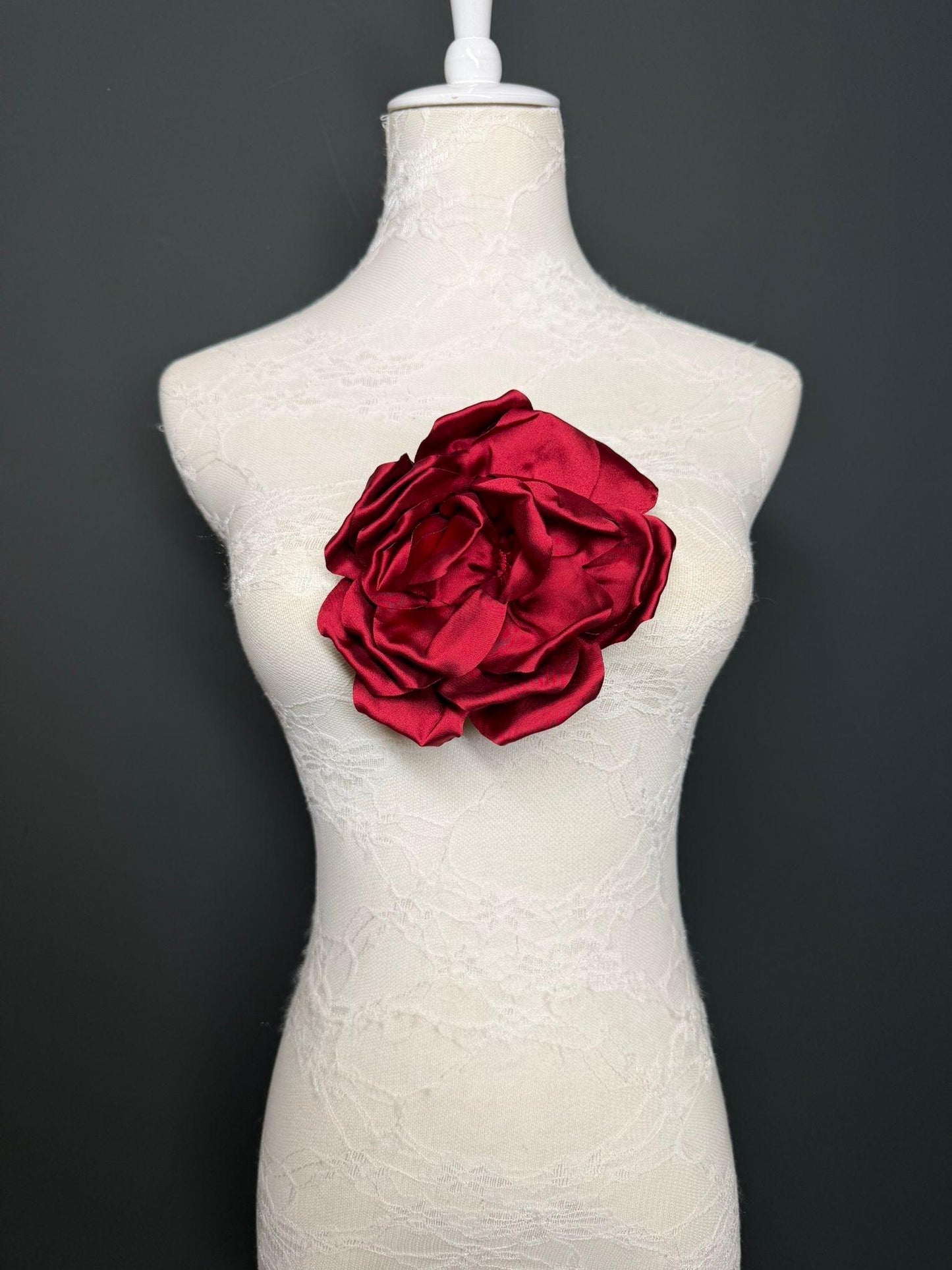 Burgundy Handmade Satin Corsage Flower, Pin-On Brooch (6" Wide)