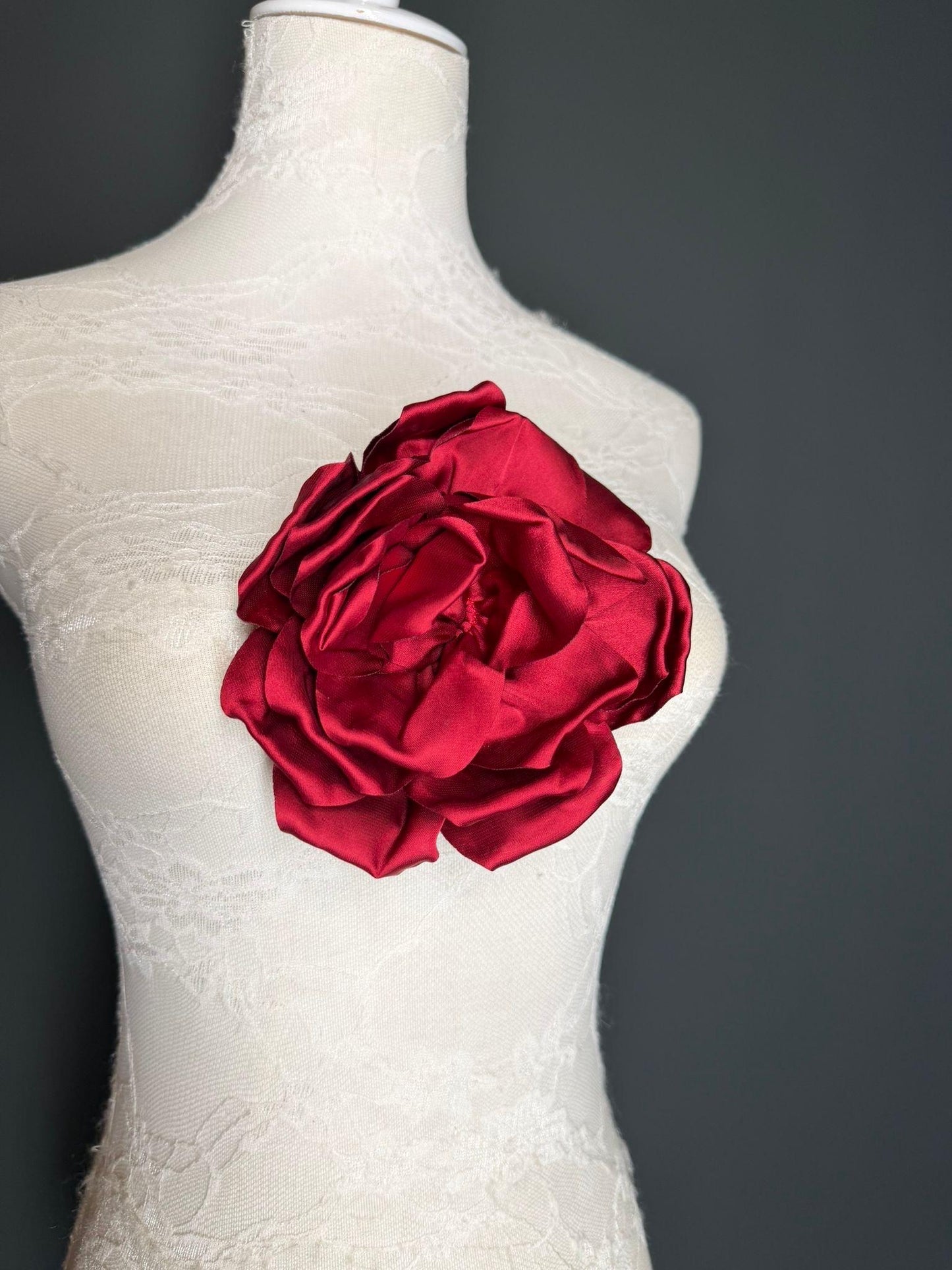 Burgundy Handmade Satin Corsage Flower, Pin-On Brooch (6" Wide)