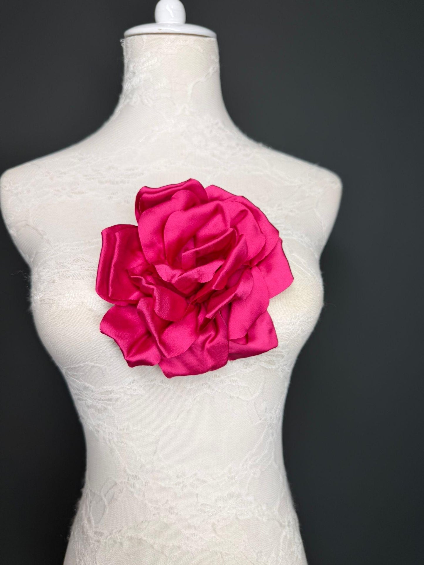 Grey Handmade Satin Corsage Flower, Pin-On Brooch (6" Wide)
