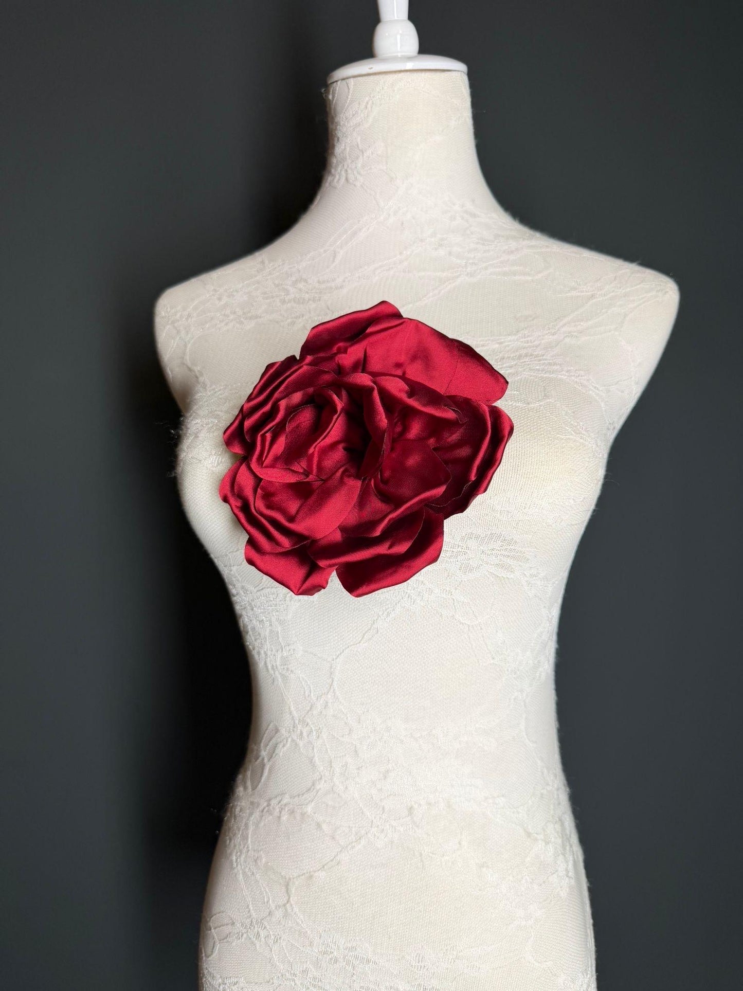 Burgundy Handmade Satin Corsage Flower, Pin-On Brooch (6" Wide)