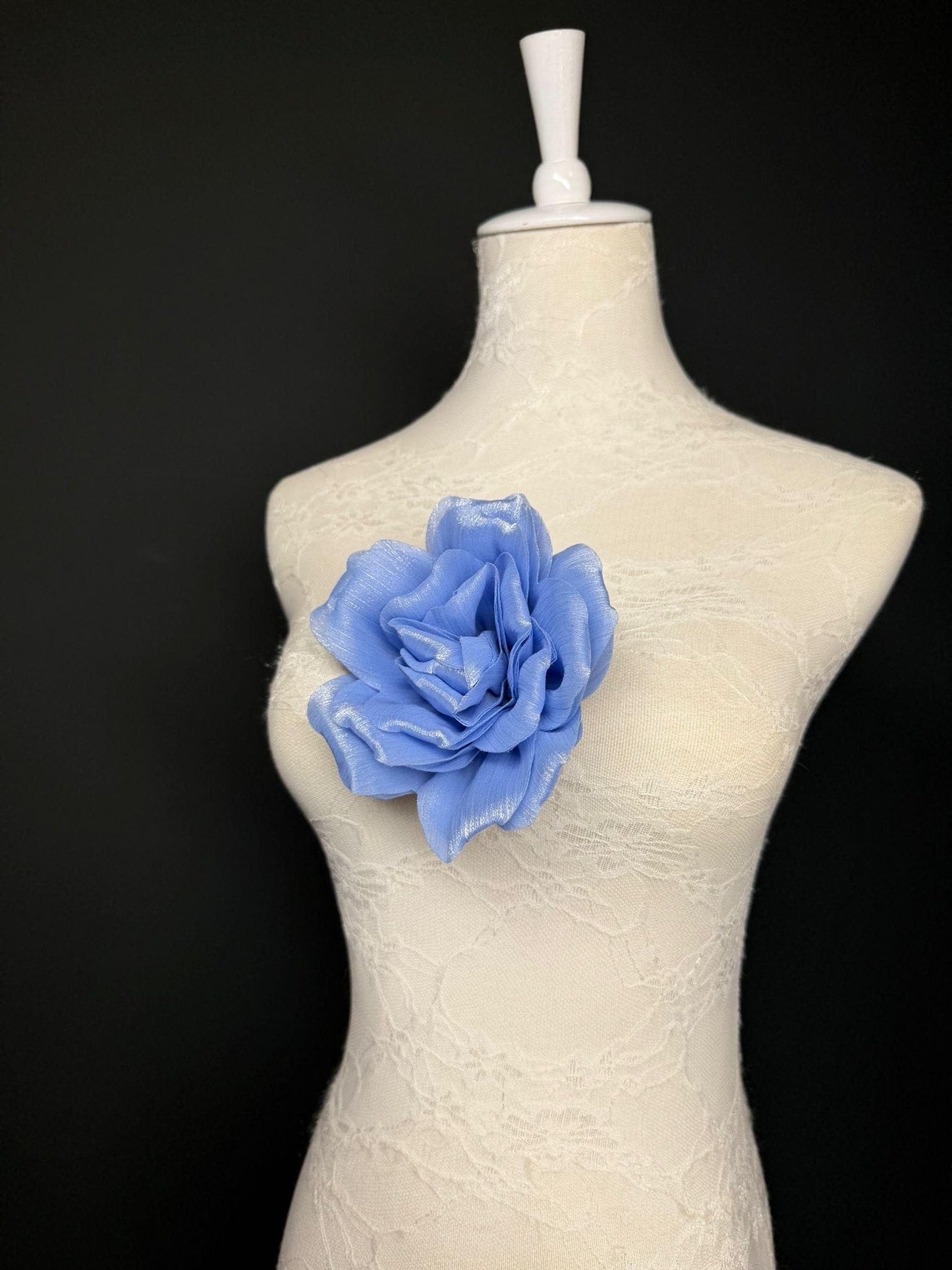 Blue Handmade Organza Corsage Flower, Pin-On Brooch (6" Wide)