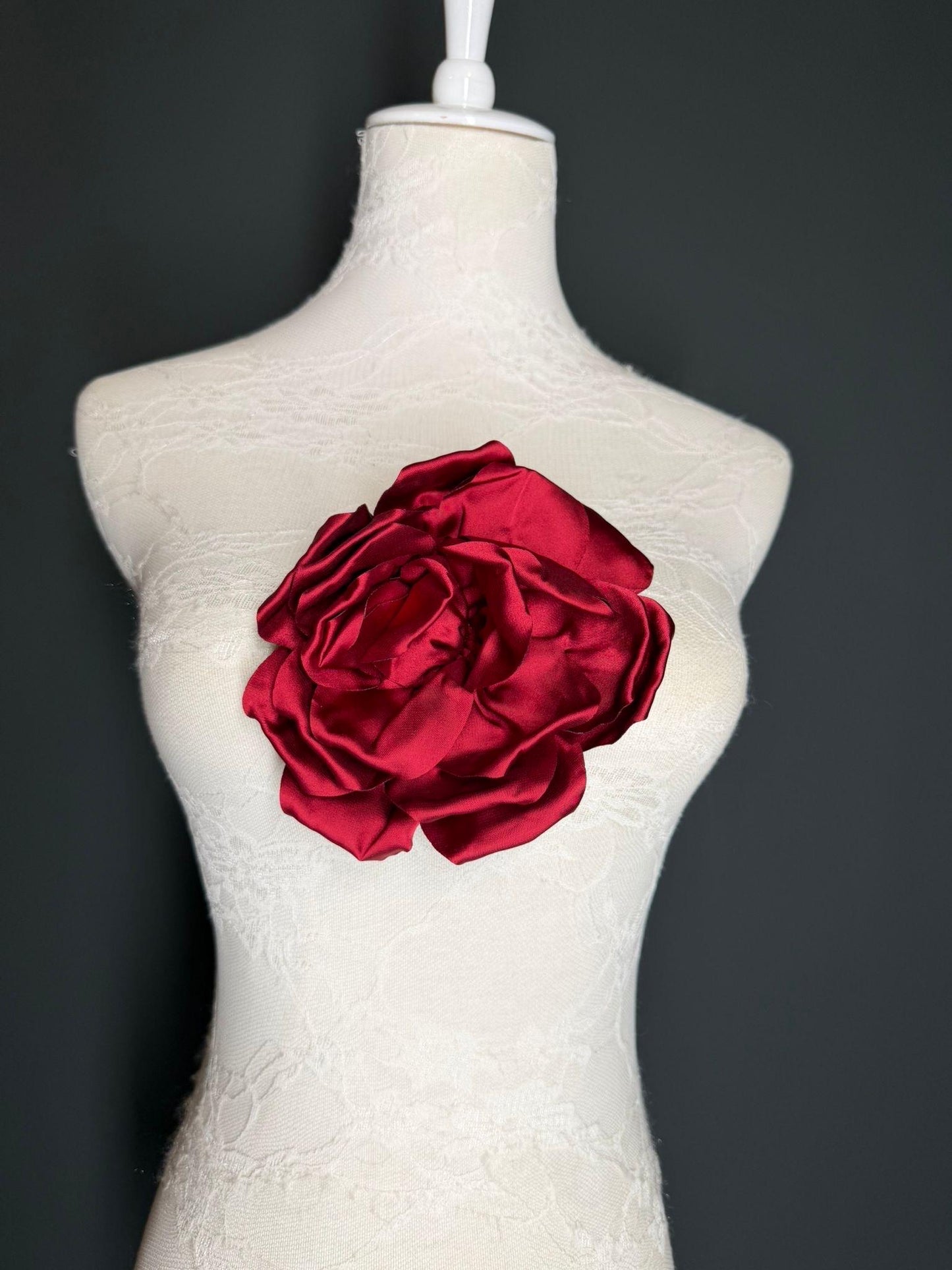 Burgundy Handmade Satin Corsage Flower, Pin-On Brooch (6" Wide)