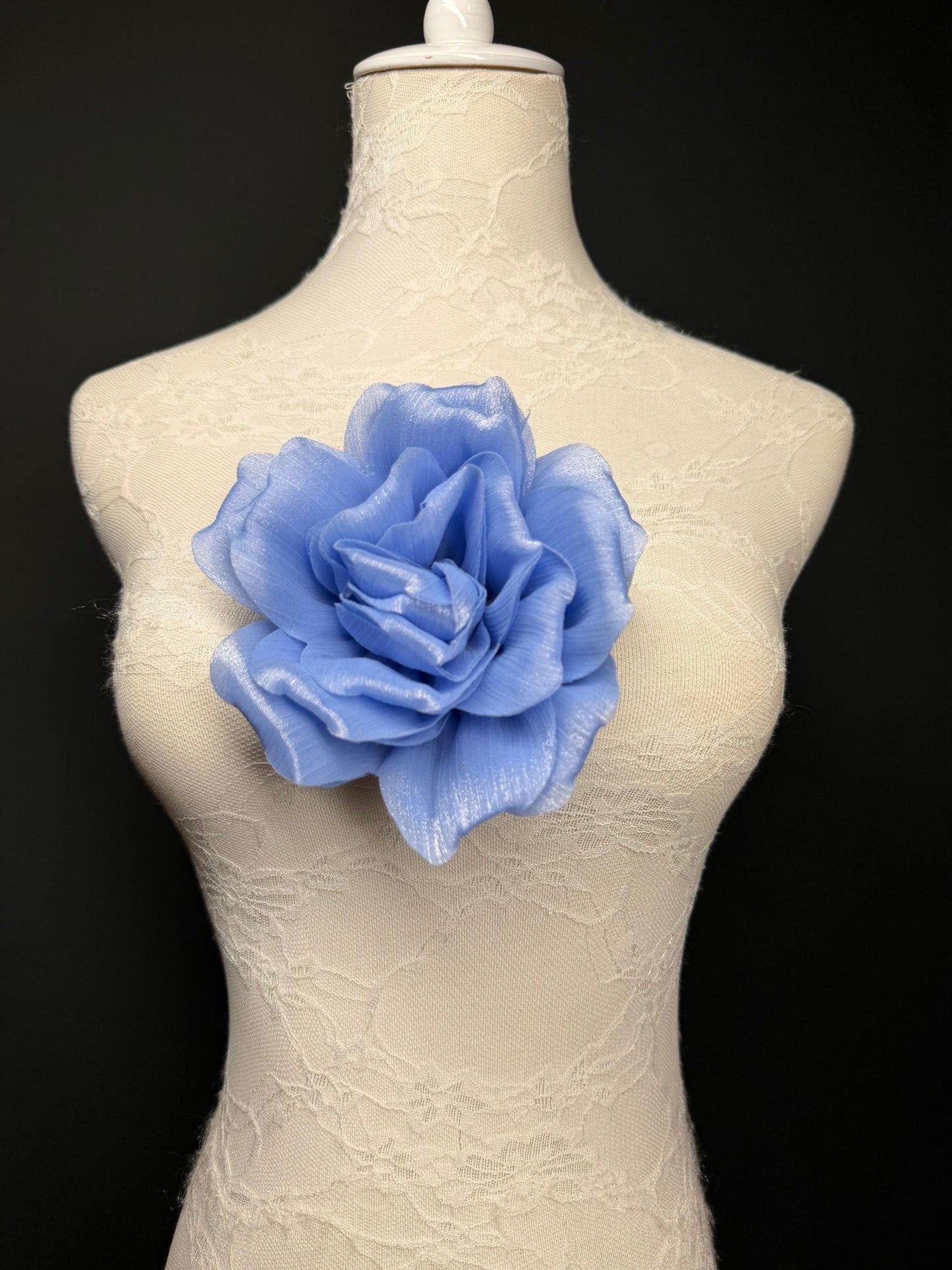 Blue Handmade Organza Corsage Flower, Pin-On Brooch (6" Wide)