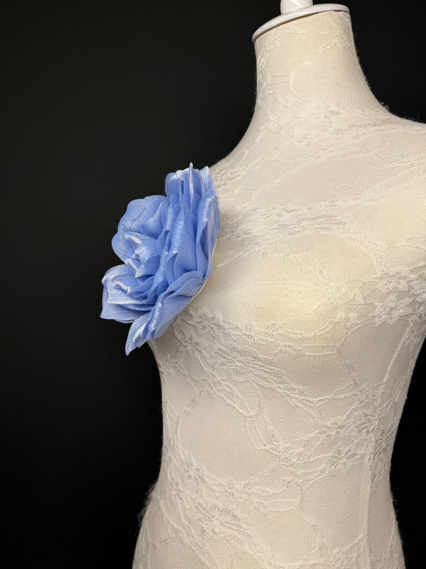 Blue Handmade Organza Corsage Flower, Pin-On Brooch (6" Wide)