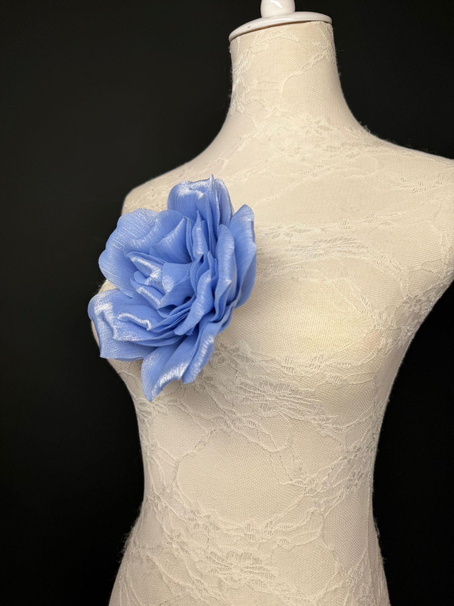 Blue Handmade Organza Corsage Flower, Pin-On Brooch (6" Wide)