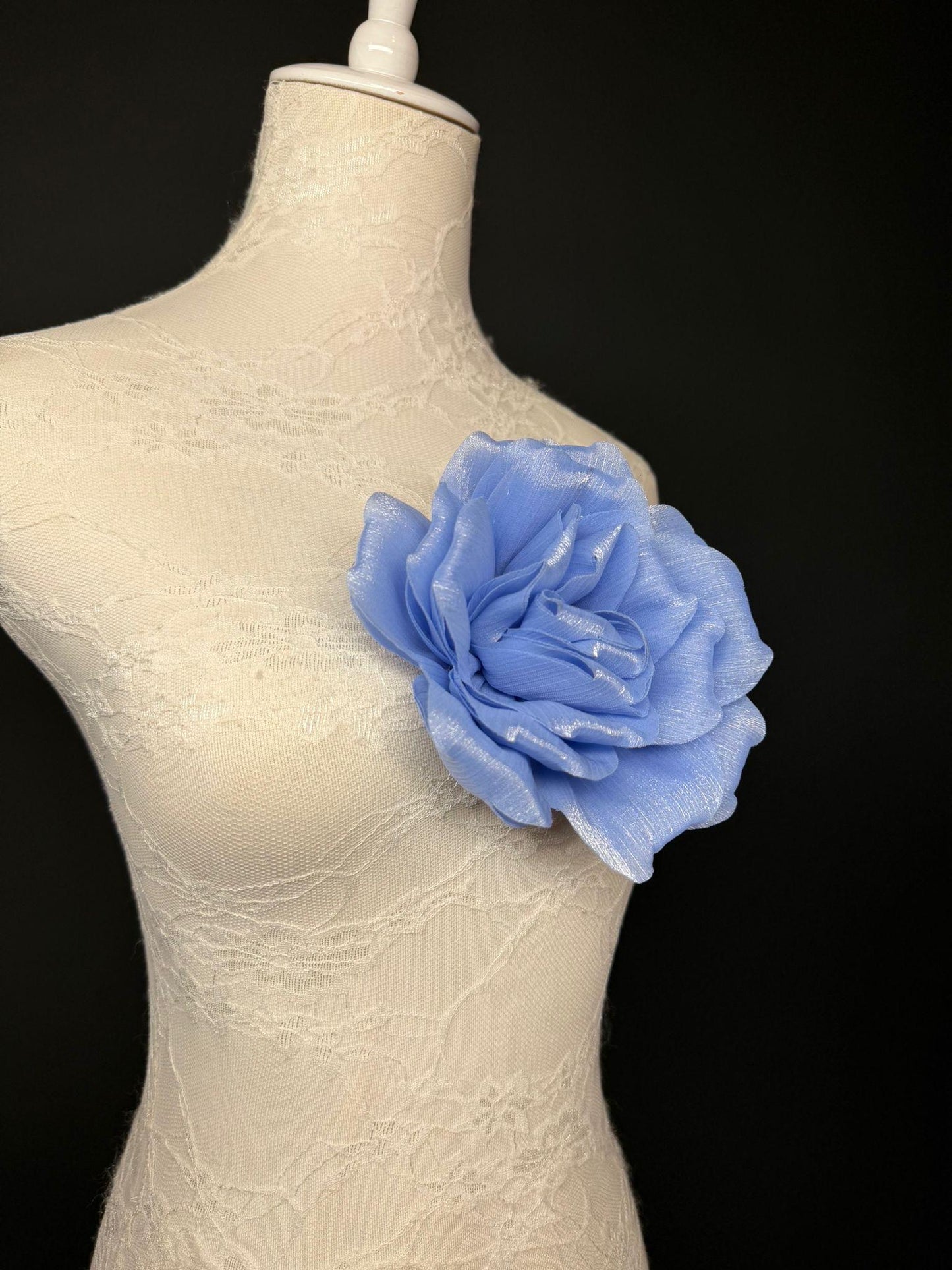 Blue Handmade Organza Corsage Flower, Pin-On Brooch (6" Wide)