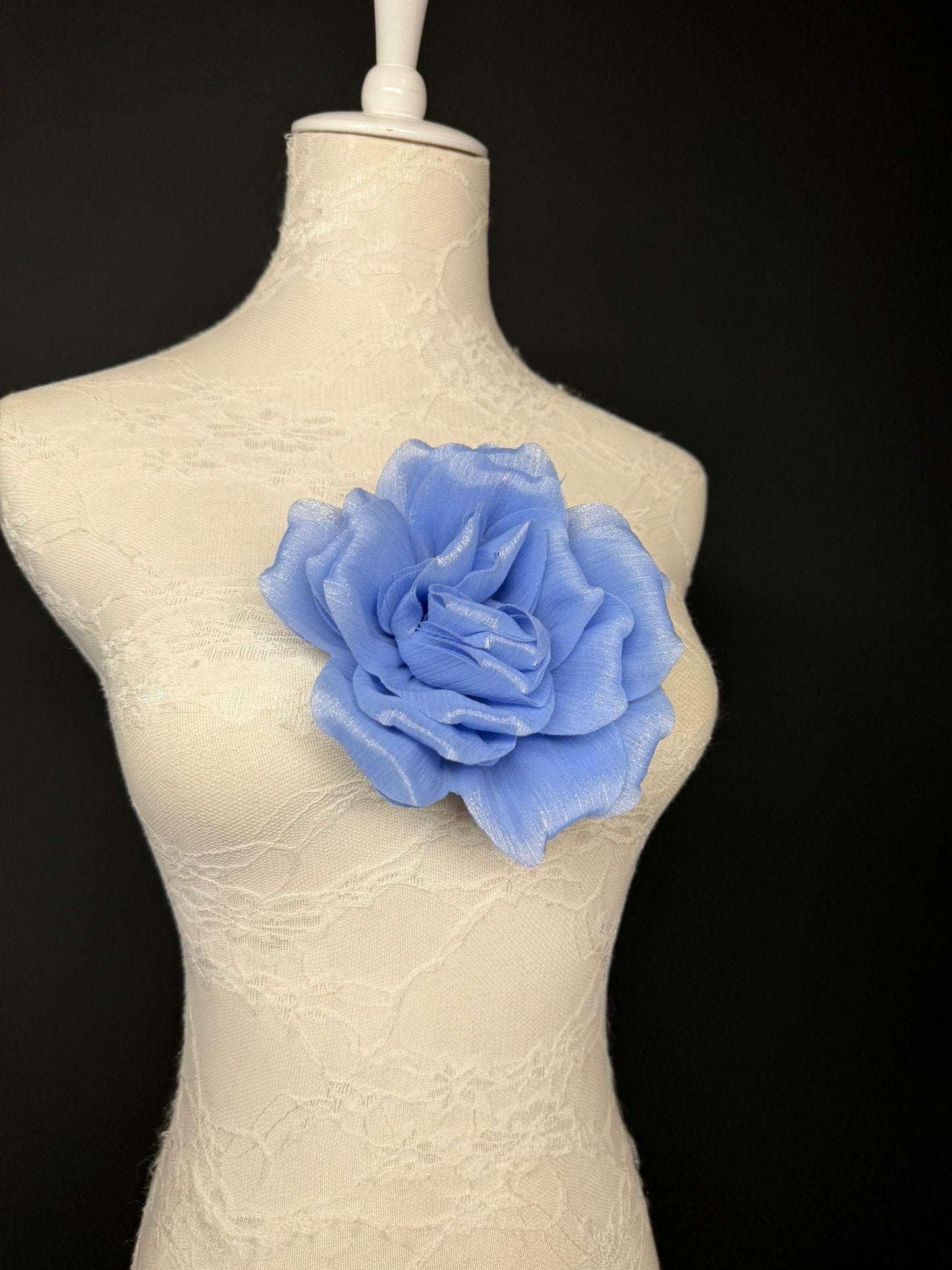 Blue Handmade Organza Corsage Flower, Pin-On Brooch (6" Wide)
