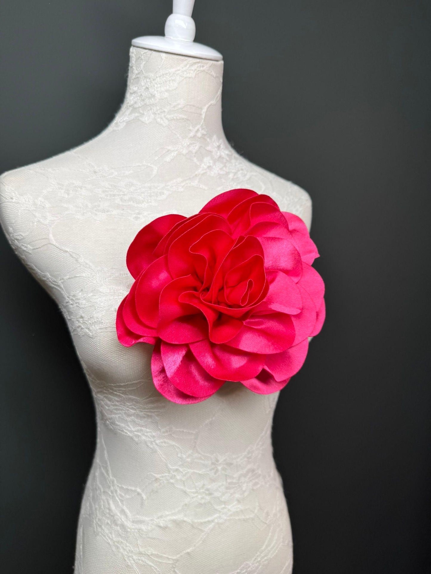 Large 3D Corsage Flower, Luxurious Satin Fabric, 12 Colours, 20cm, 8” Wide, Pin on, Bridal, Dress, Hair, Wedding, Race Day, Cerise