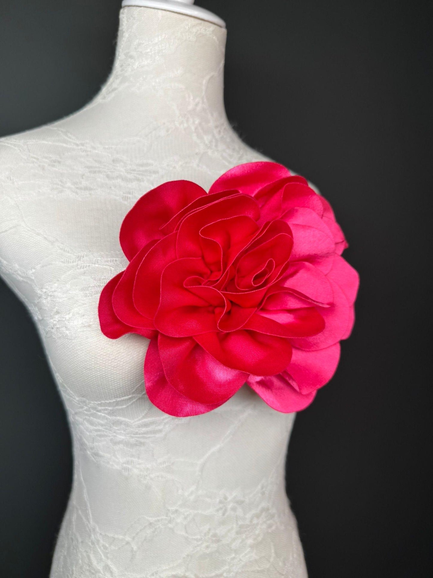 Large 3D Corsage Flower, Luxurious Satin Fabric, 12 Colours, 20cm, 8” Wide, Pin on, Bridal, Dress, Hair, Wedding, Race Day, Cerise