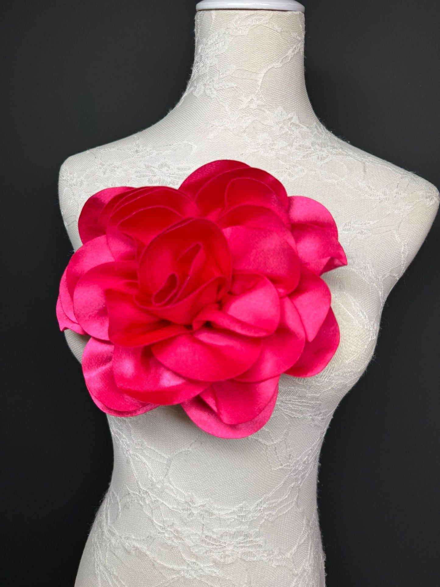 Large 3D Corsage Flower, Luxurious Satin Fabric, 12 Colours, 20cm, 8” Wide, Pin on, Bridal, Dress, Hair, Wedding, Race Day, Cerise