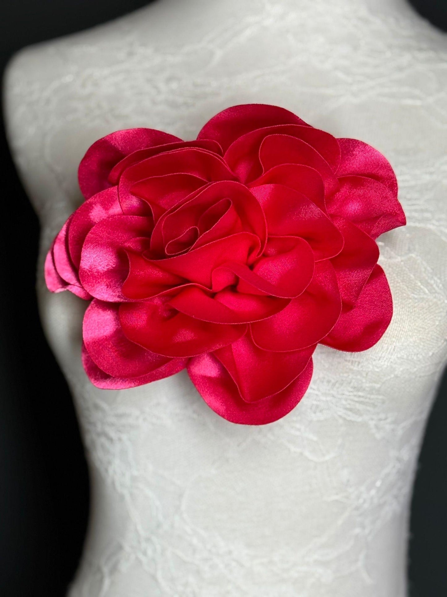 Large 3D Corsage Flower, Luxurious Satin Fabric, 12 Colours, 20cm, 8” Wide, Pin on, Bridal, Dress, Hair, Wedding, Race Day, Cerise