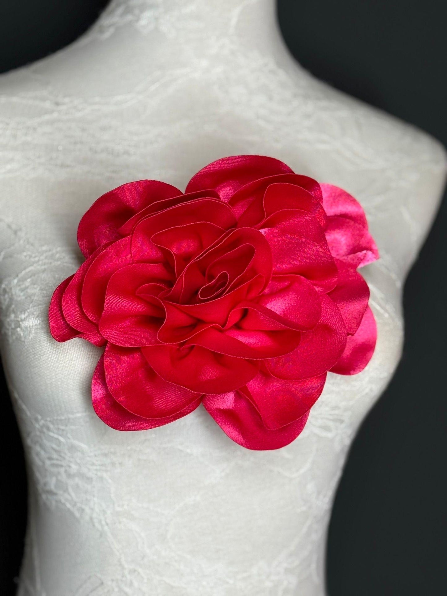 Large 3D Corsage Flower, Luxurious Satin Fabric, 12 Colours, 20cm, 8” Wide, Pin on, Bridal, Dress, Hair, Wedding, Race Day, Cerise