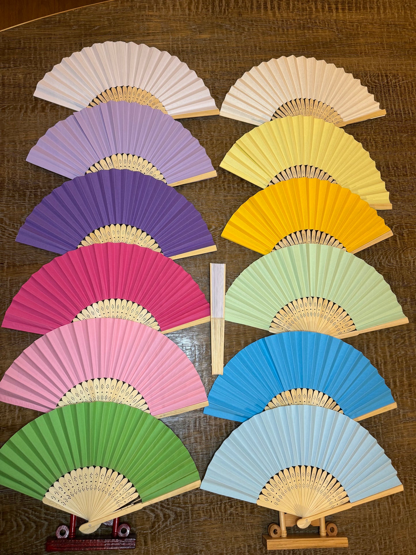 Wooden Hand Fan, Paper Wedding Favor, Baby Shower Guest Gift, 17 Colors 15” Wide