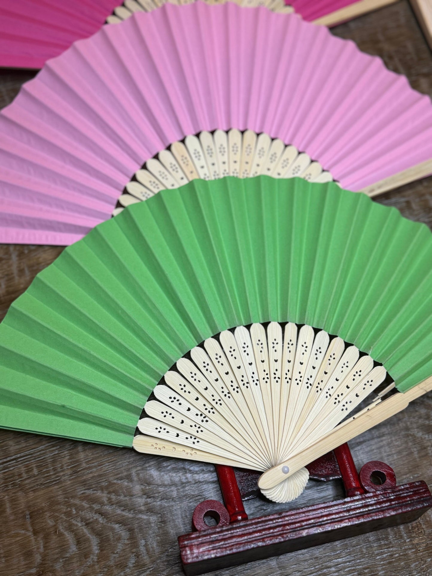 Wooden Hand Fan, Paper Wedding Favor, Baby Shower Guest Gift, 17 Colors 15” Wide