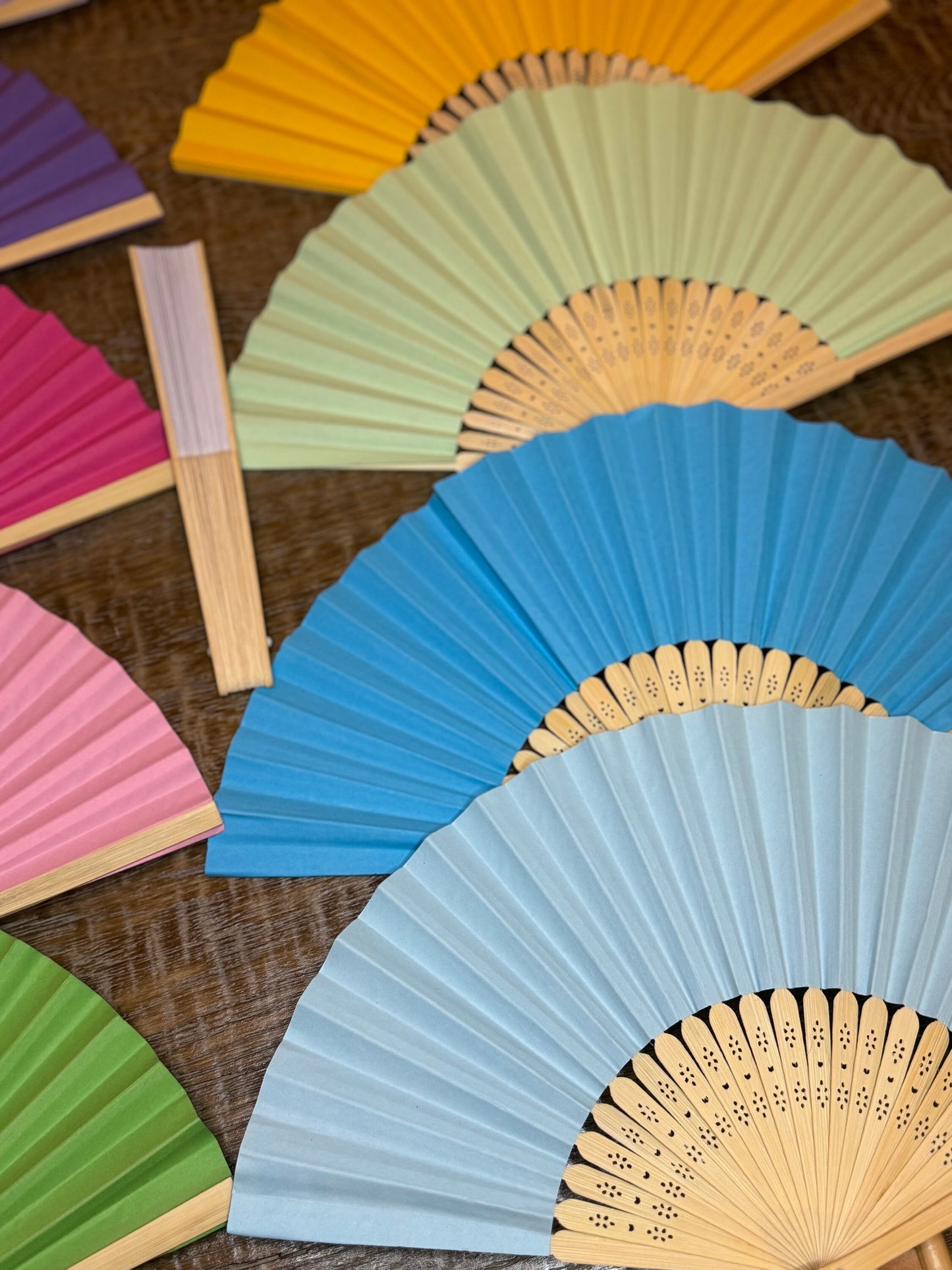 Wooden Hand Fan, Paper Wedding Favor, Baby Shower Guest Gift, 17 Colors 15” Wide