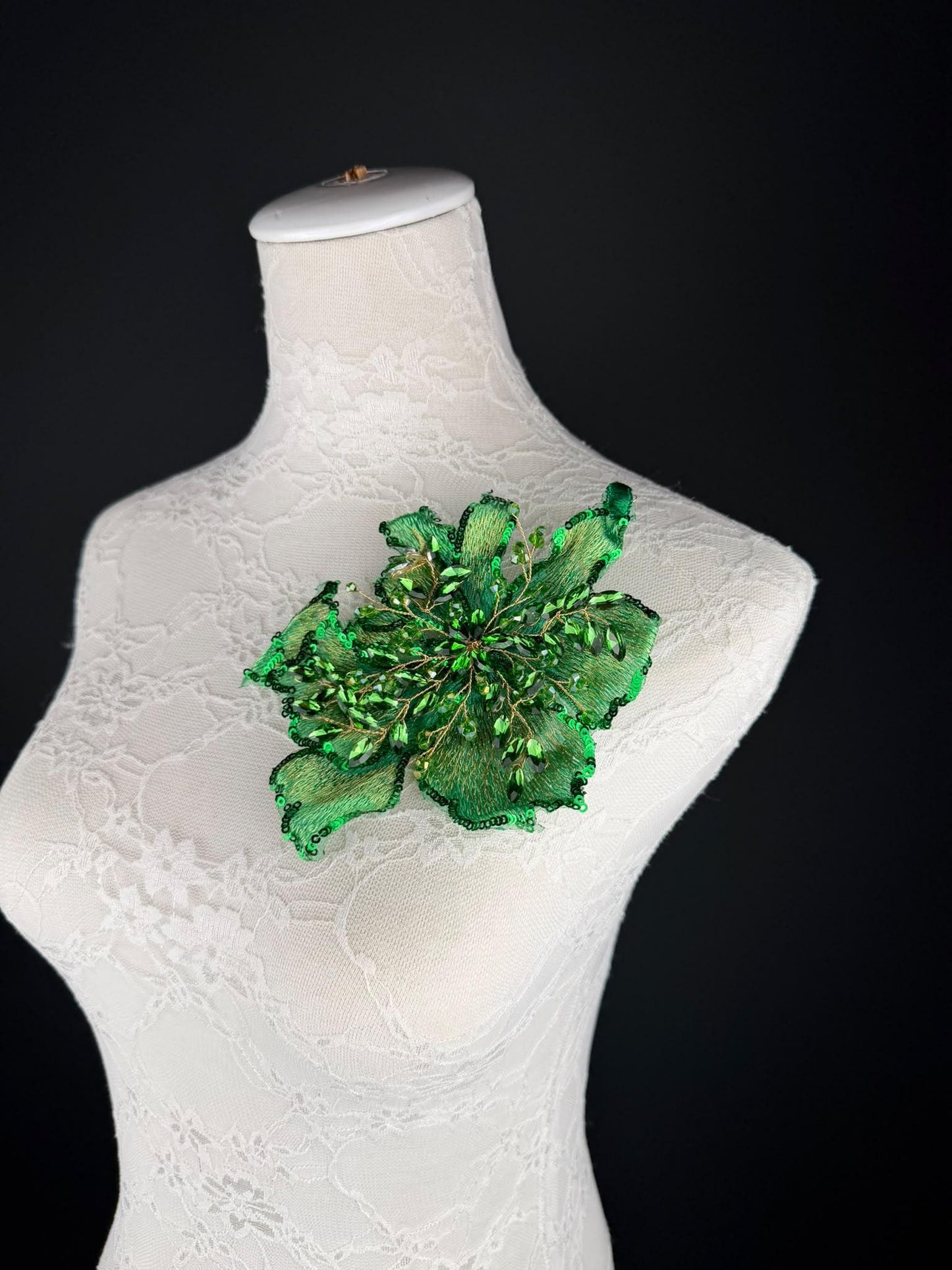 Green Sequin and Crystal Corsage 6 inch 15cm