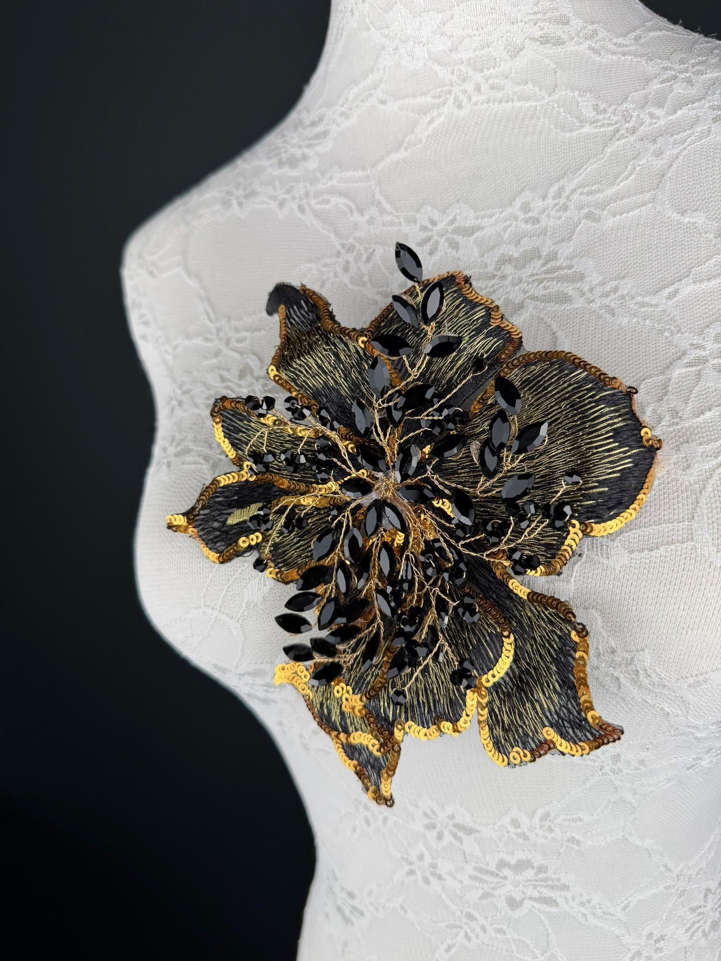 Black Grey Gold Sequin and Crystal Corsage 6 inch 15cm