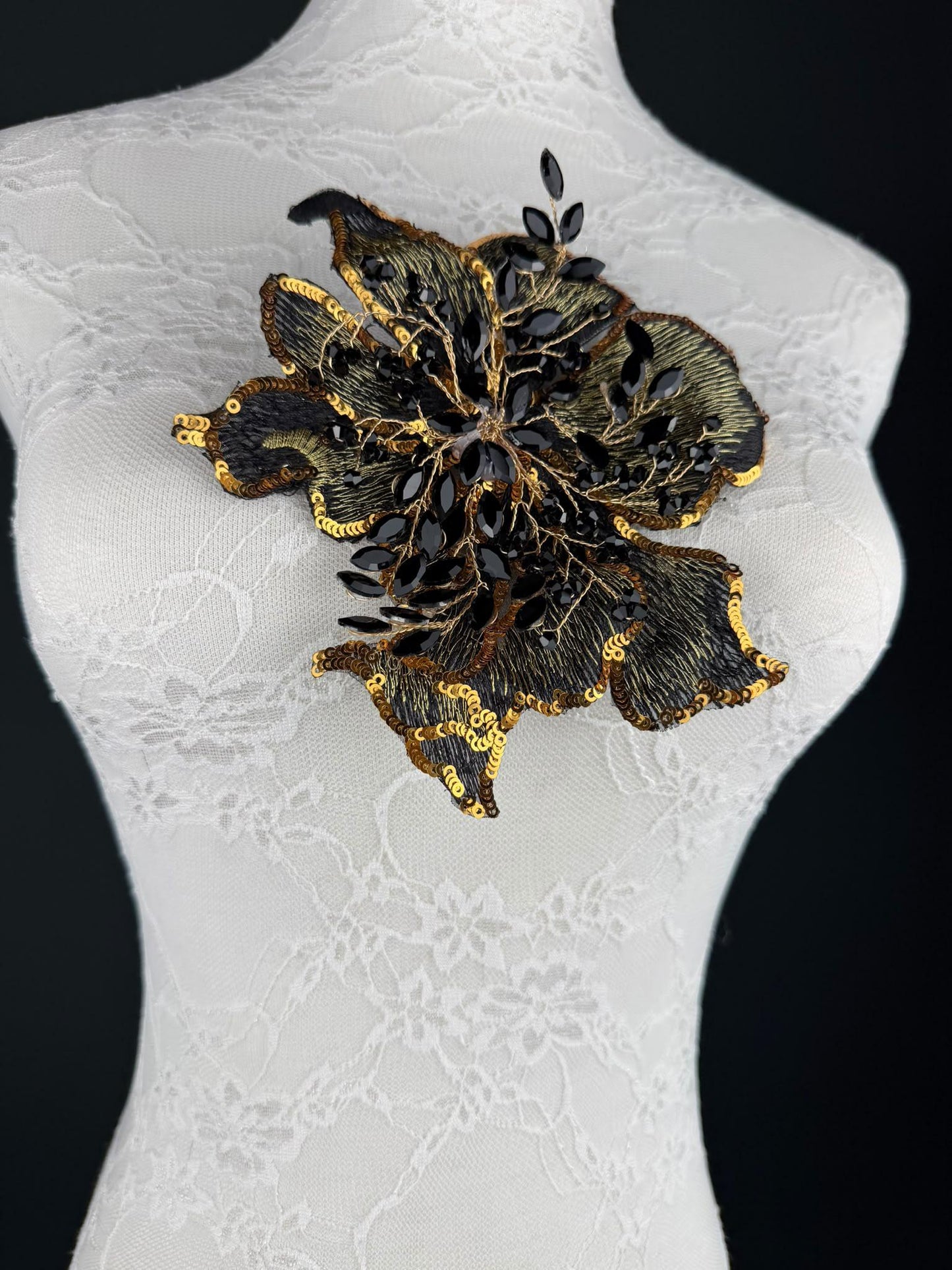 Black Grey Gold Sequin and Crystal Corsage 6 inch 15cm