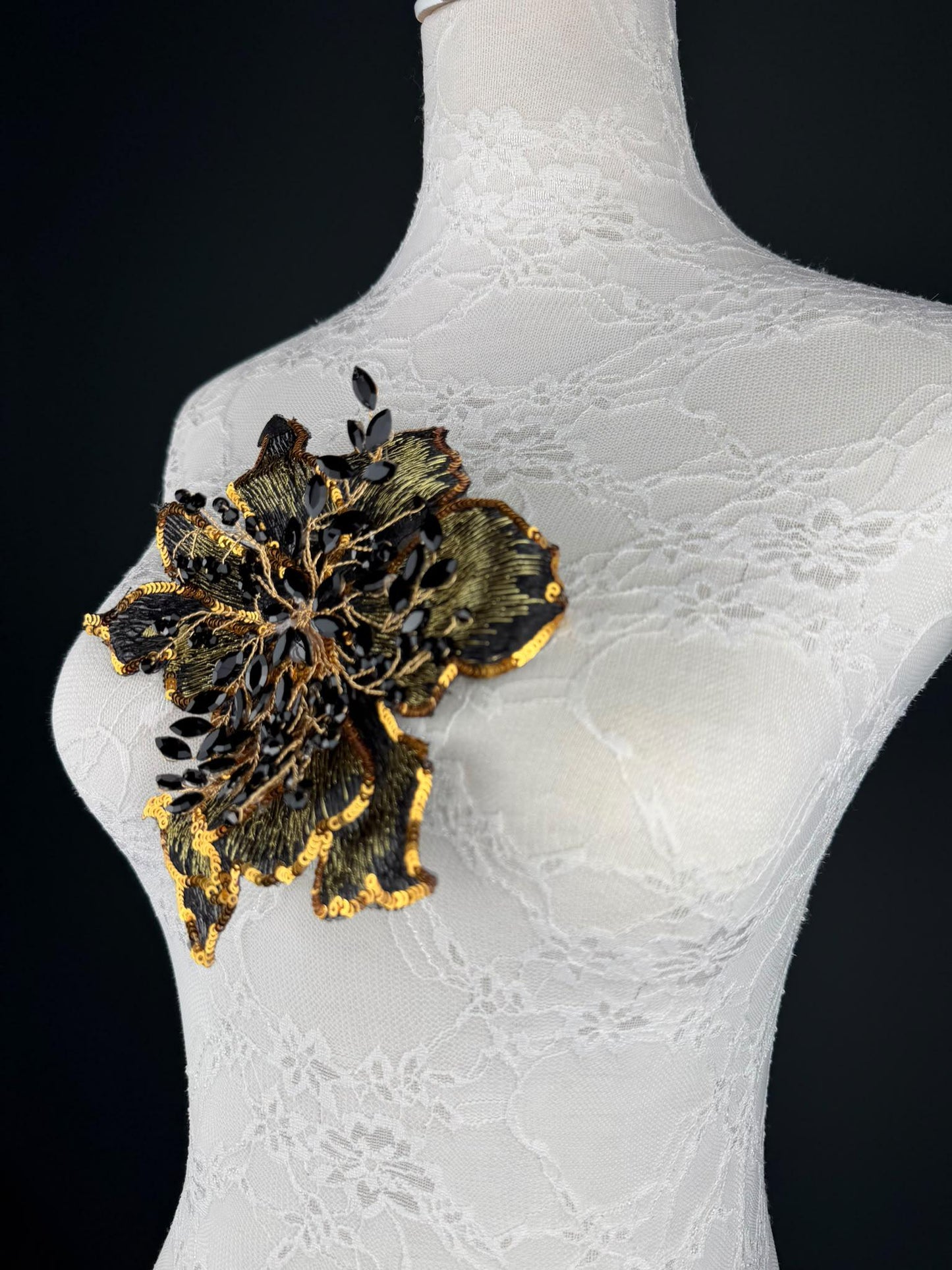 Black Grey Gold Sequin and Crystal Corsage 6 inch 15cm