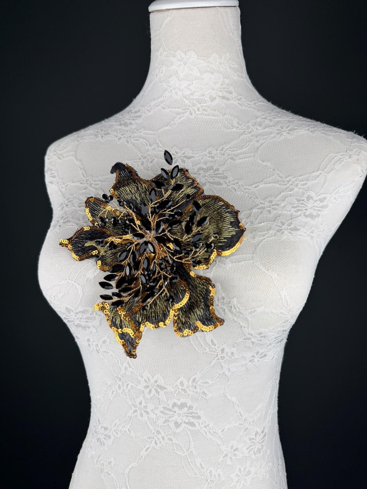 Black Grey Gold Sequin and Crystal Corsage 6 inch 15cm
