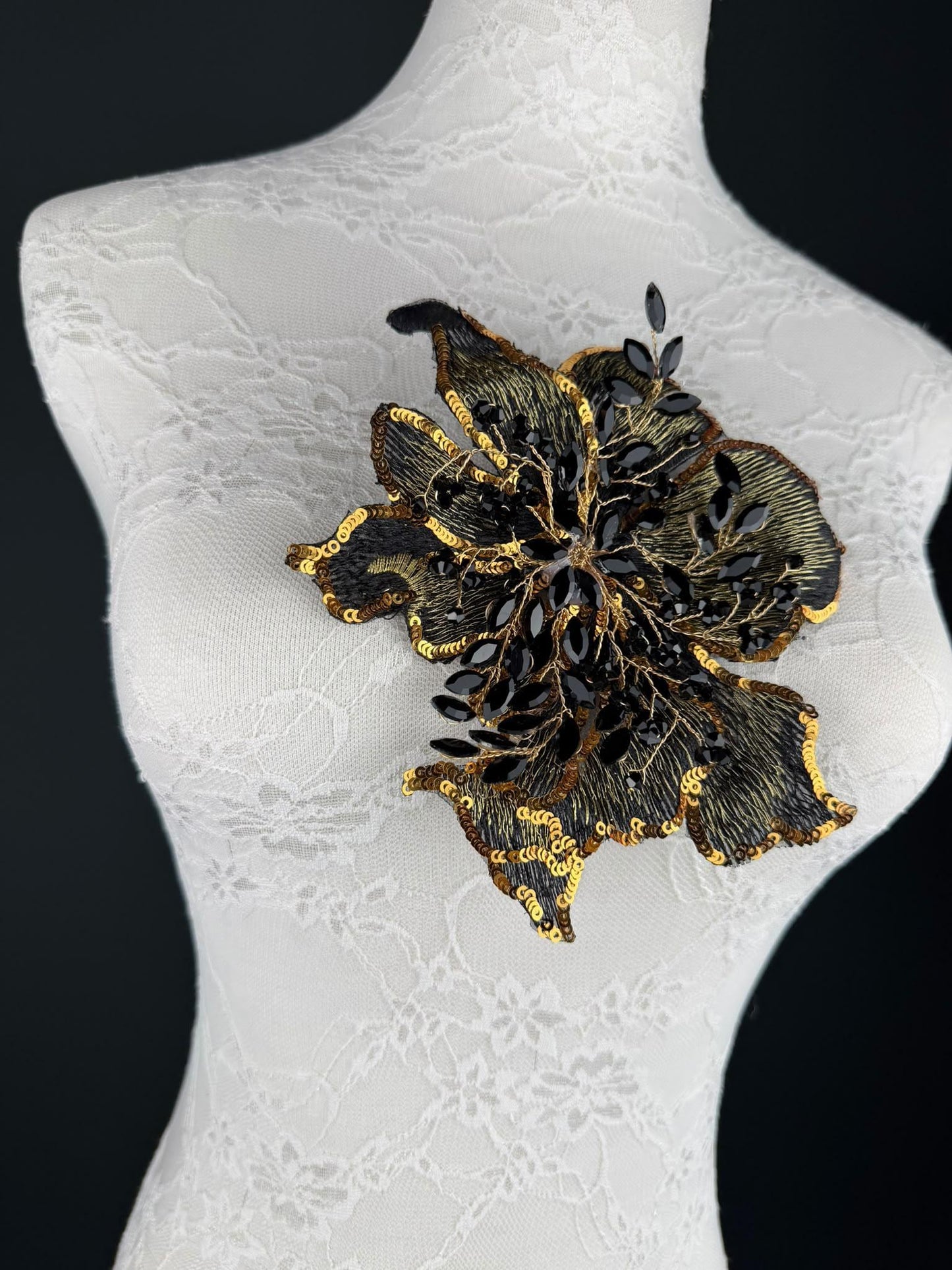 Black Grey Gold Sequin and Crystal Corsage 6 inch 15cm