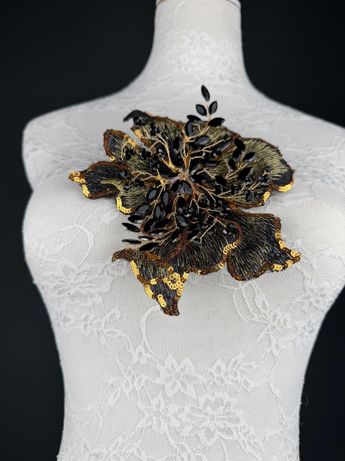 Black Grey Gold Sequin and Crystal Corsage 6 inch 15cm