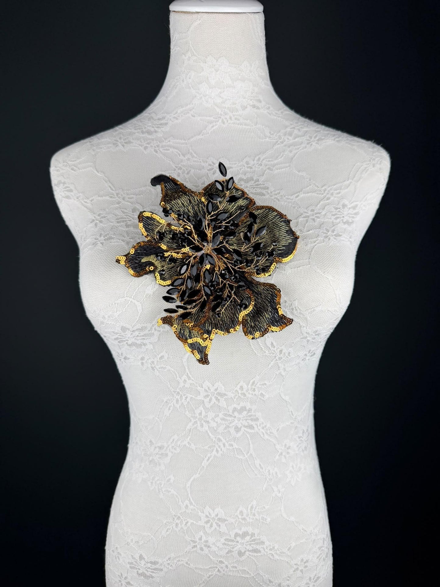 Black Grey Gold Sequin and Crystal Corsage 6 inch 15cm