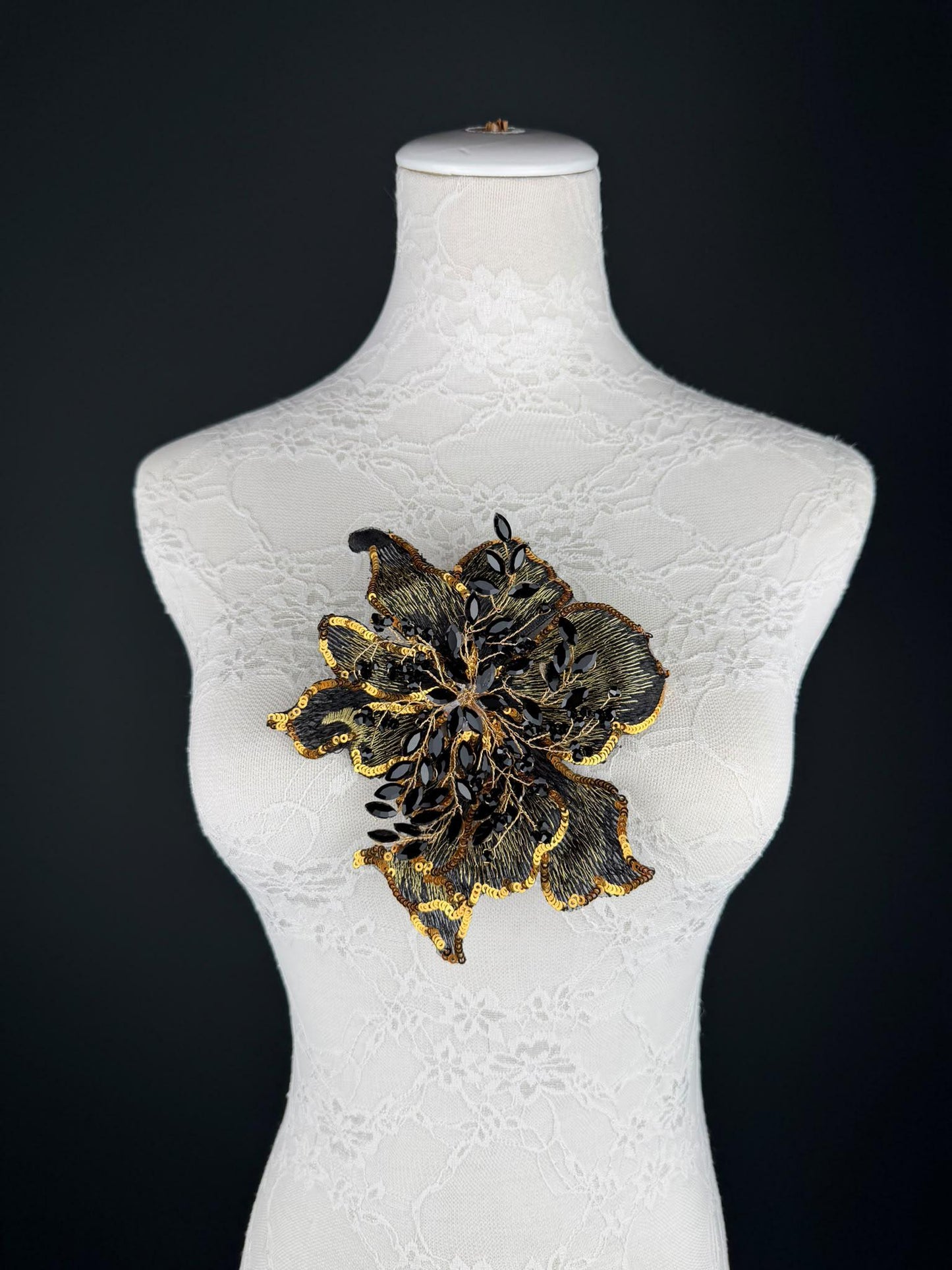 Black Grey Gold Sequin and Crystal Corsage 6 inch 15cm