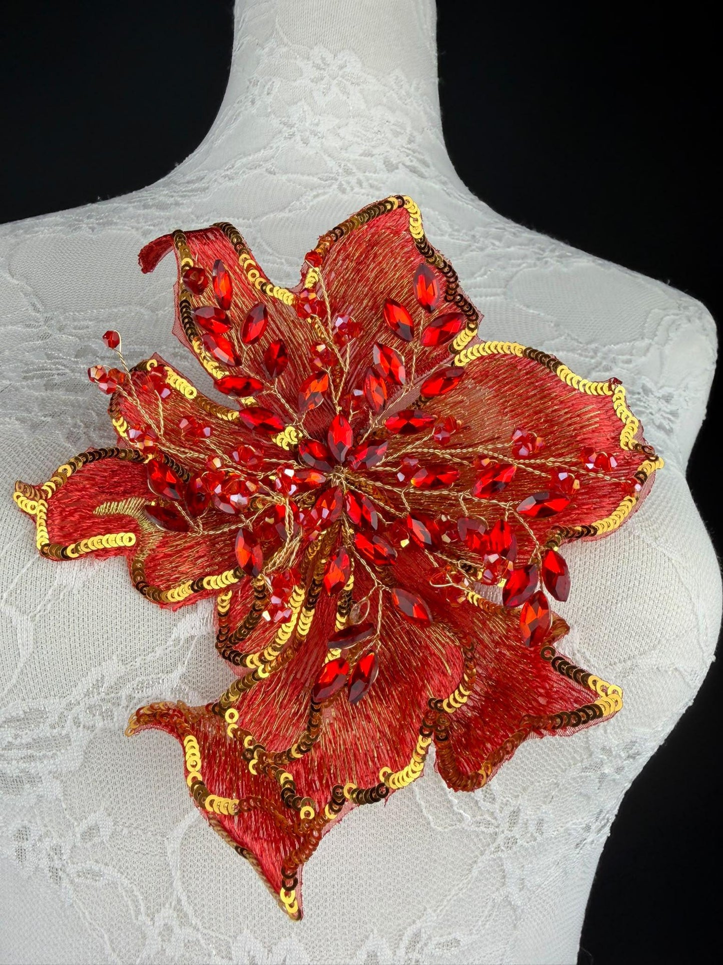 Red Gold Sequin and Crystal Corsage 6 inch 15cm