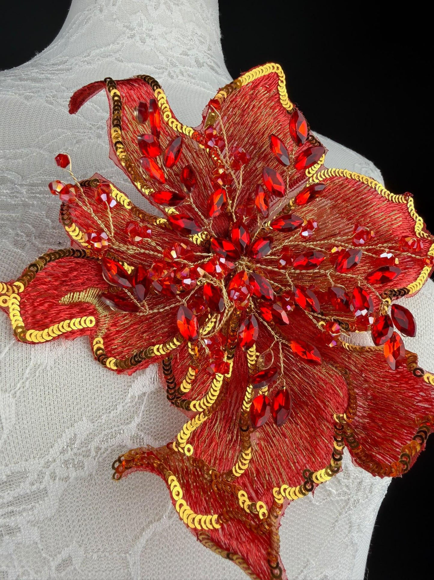 Red Gold Sequin and Crystal Corsage 6 inch 15cm