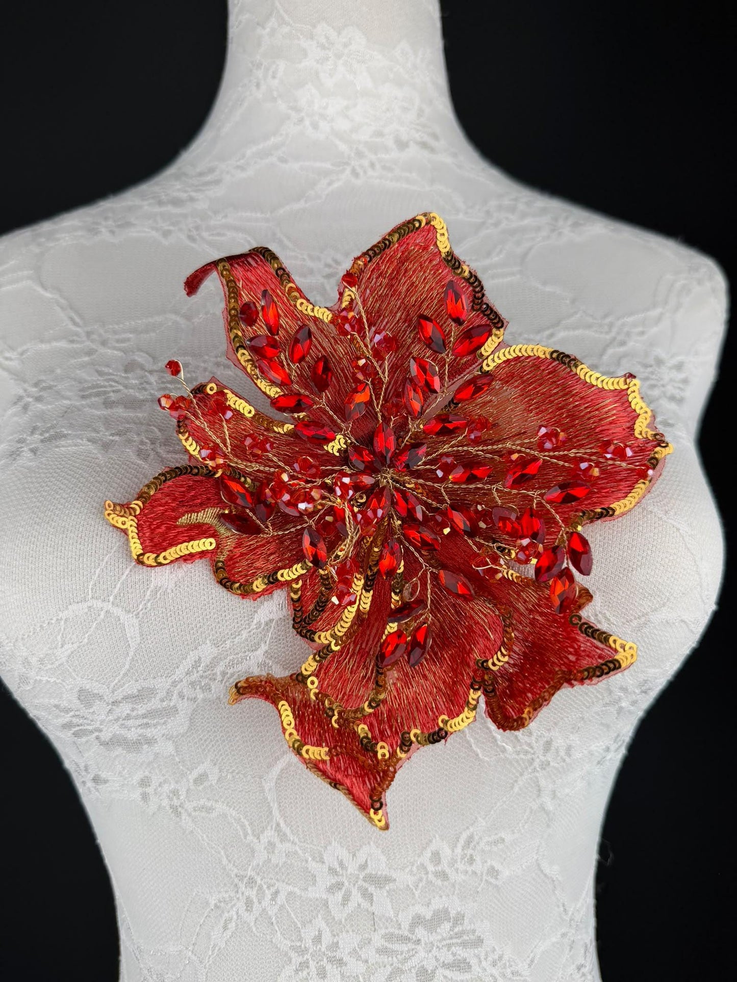 Red Gold Sequin and Crystal Corsage 6 inch 15cm
