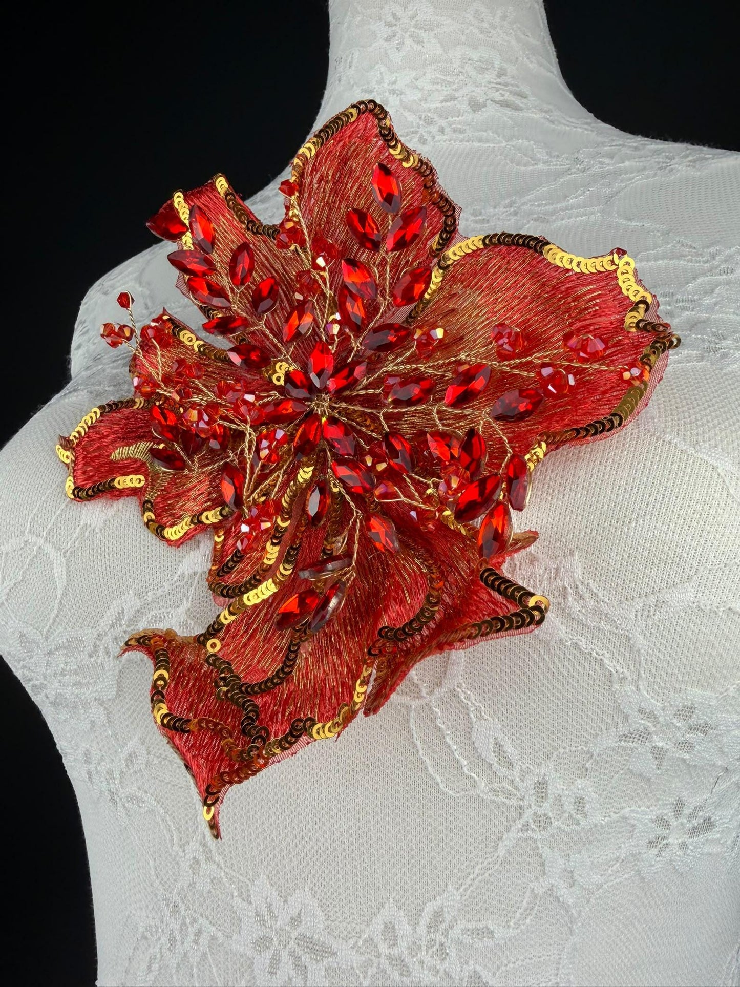 Red Gold Sequin and Crystal Corsage 6 inch 15cm