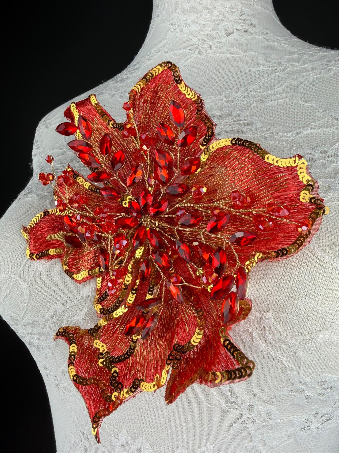 Red Gold Sequin and Crystal Corsage 6 inch 15cm