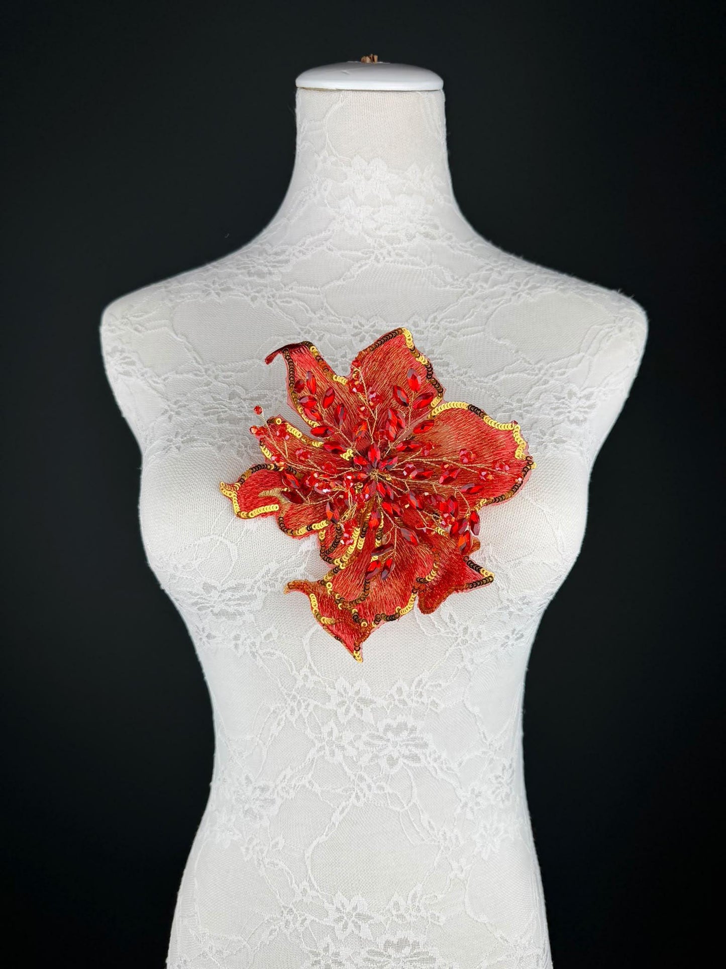 Red Gold Sequin and Crystal Corsage 6 inch 15cm