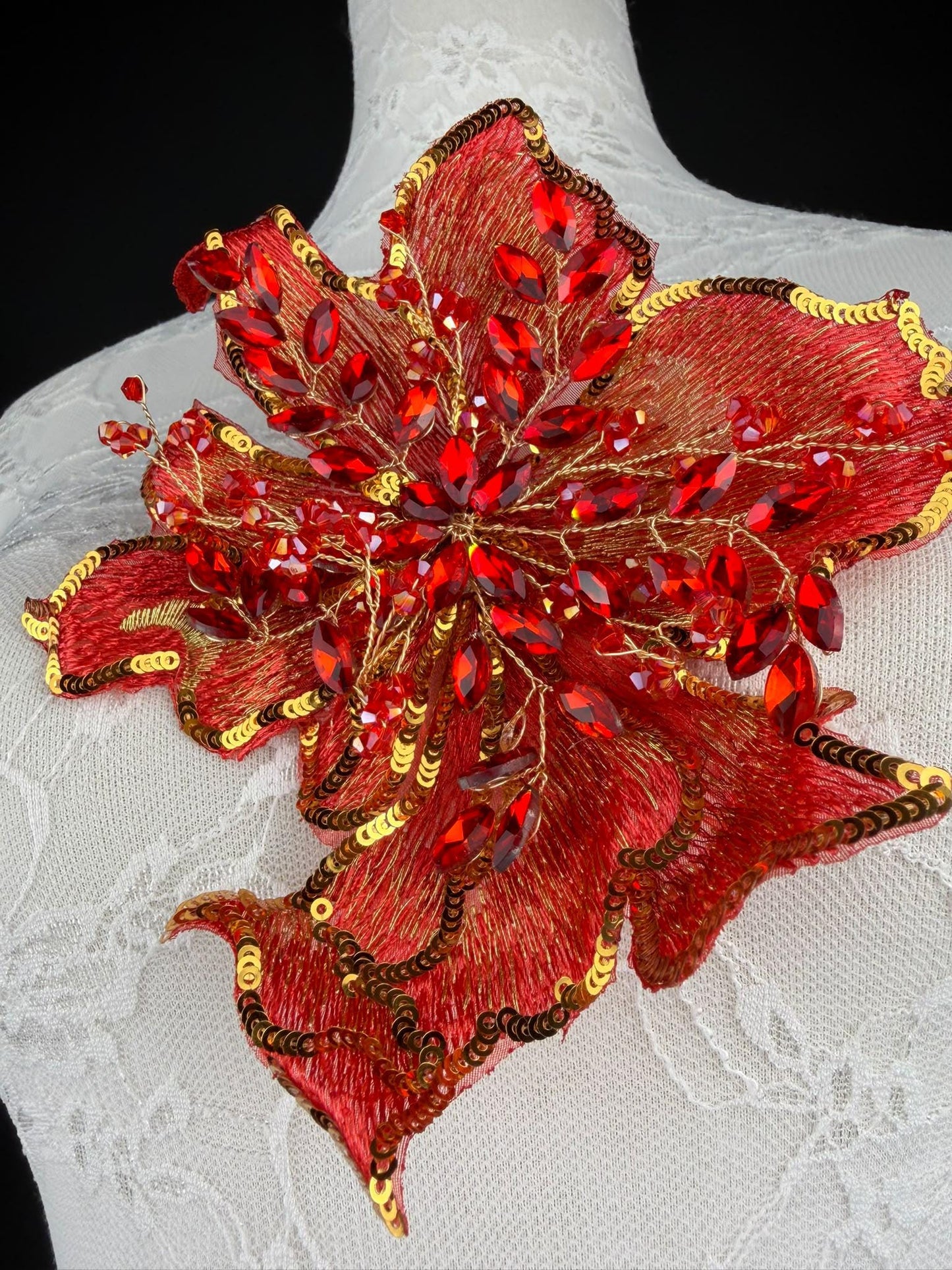 Red Gold Sequin and Crystal Corsage 6 inch 15cm