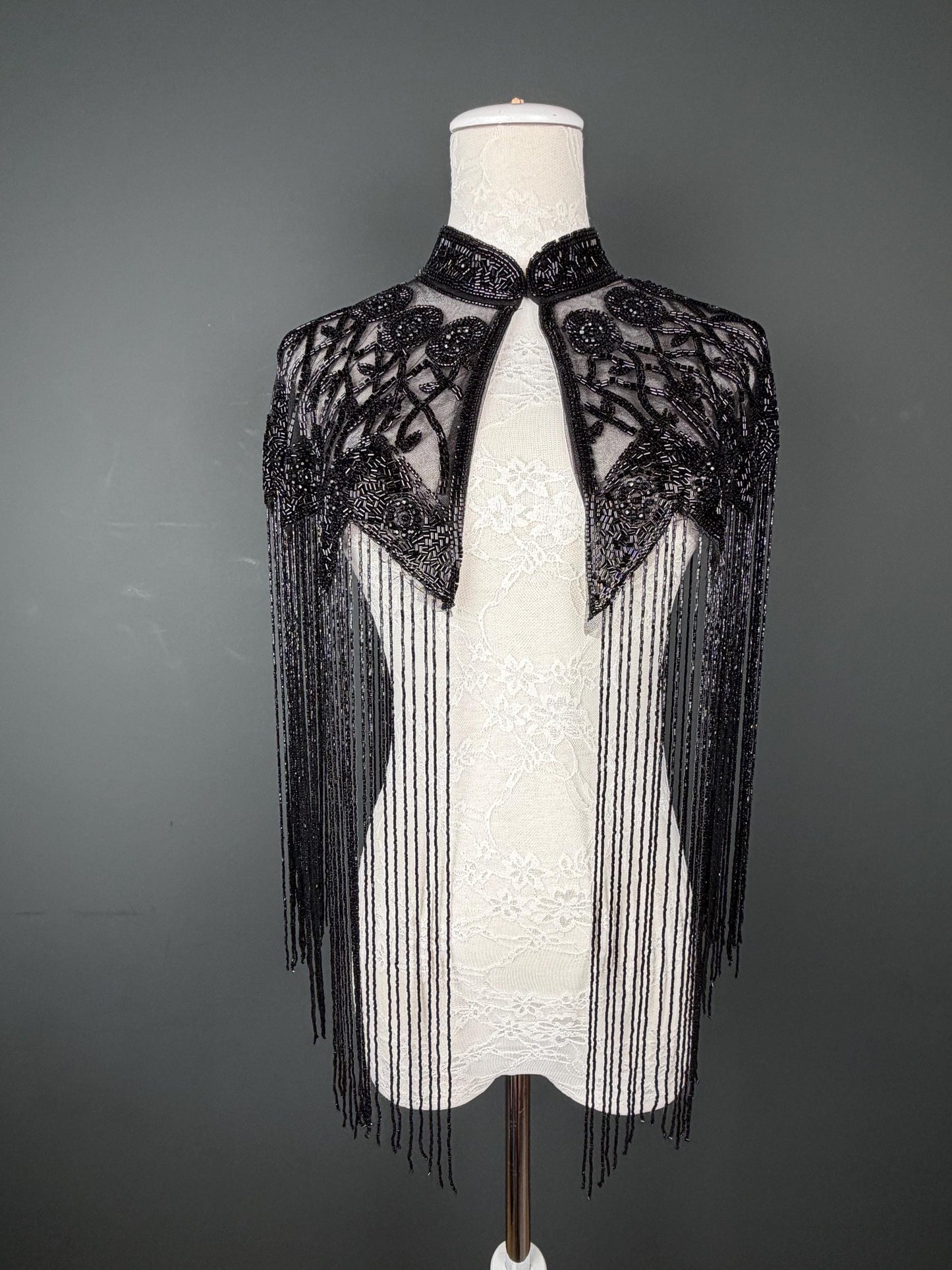 Beaded Fringe Cape Shawl – Handmade Black / Black, Gold or Silver Embellished Evening Wrap