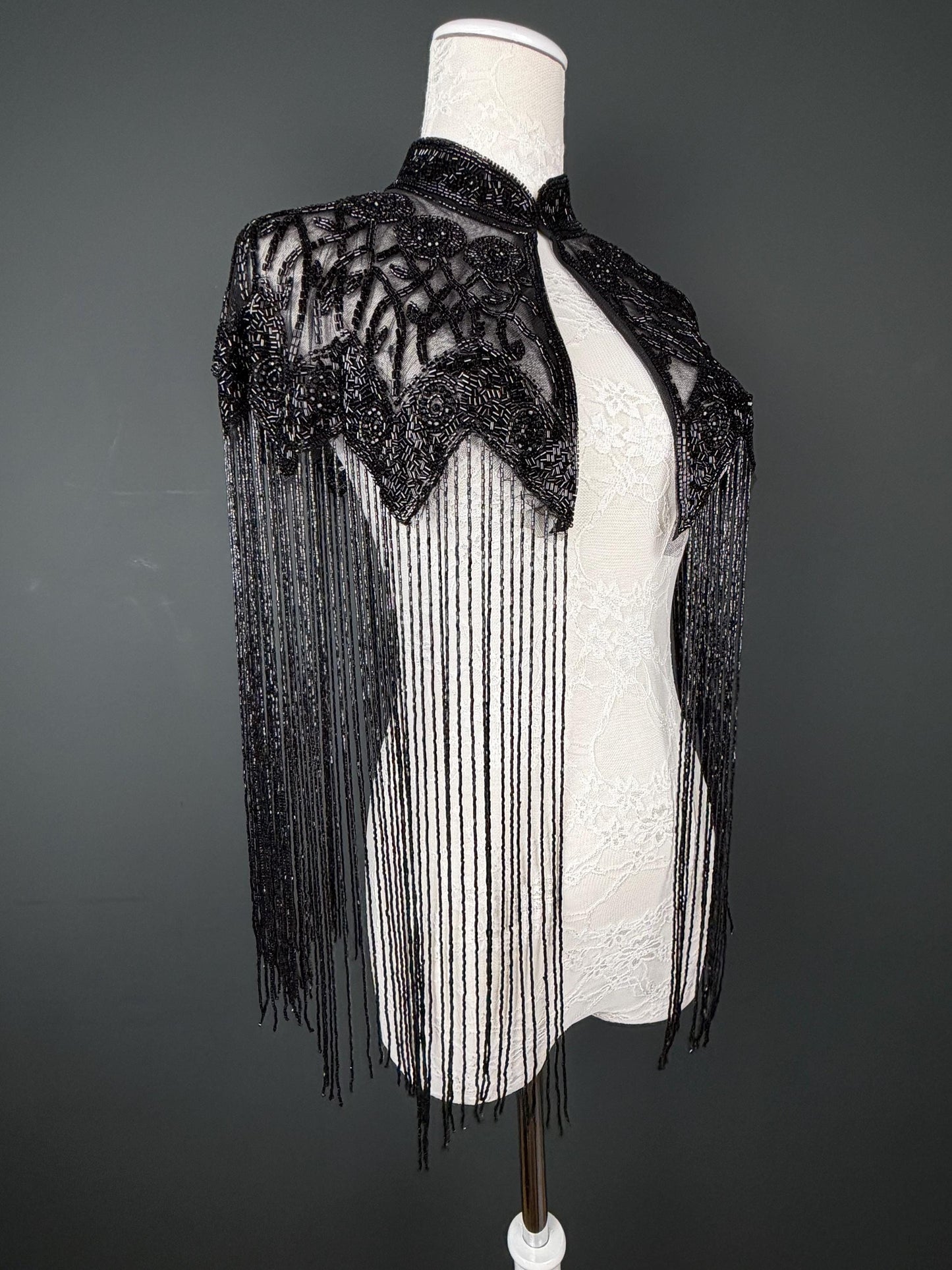 Beaded Fringe Cape Shawl – Handmade Black / Black, Gold or Silver Embellished Evening Wrap