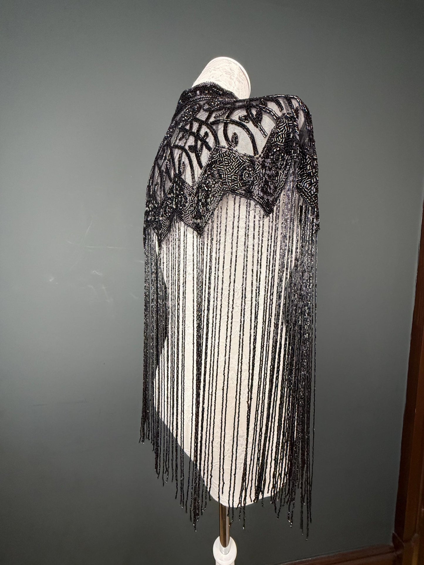 Beaded Fringe Cape Shawl – Handmade Black / Black, Gold or Silver Embellished Evening Wrap